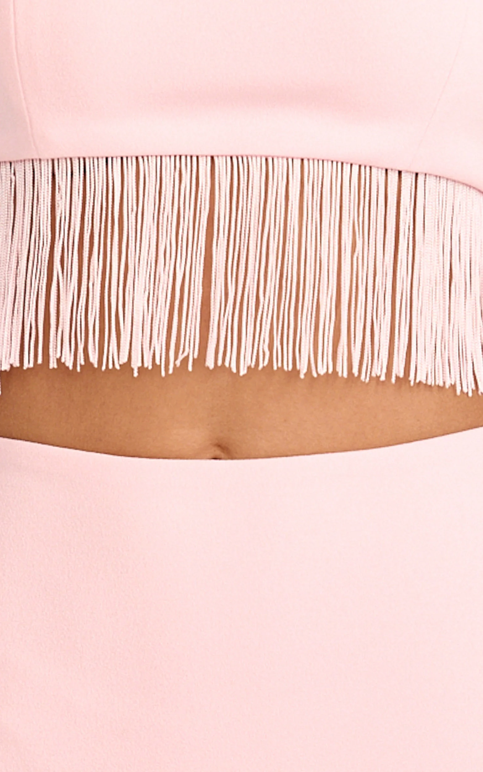 Evie Two Piece Top and Skirt Set - Fringed Micro Top And Tiered Fringed Mini Skirt in Pink - Image 6