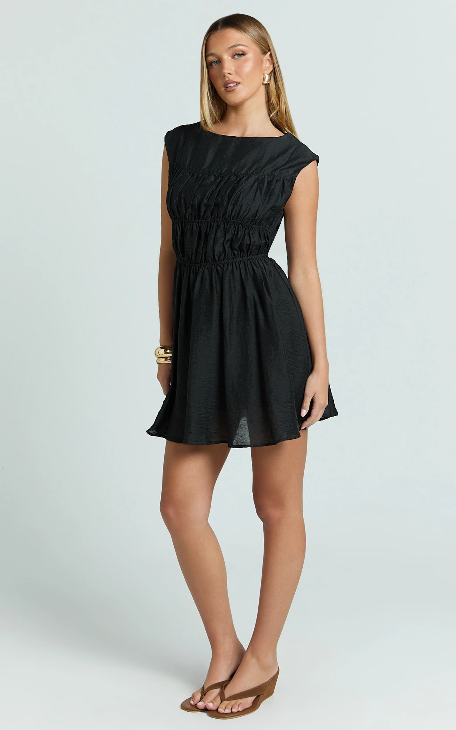 Faith Mini Dress - Sleeveless Ruched Bodice Dress in Black - Image 5
