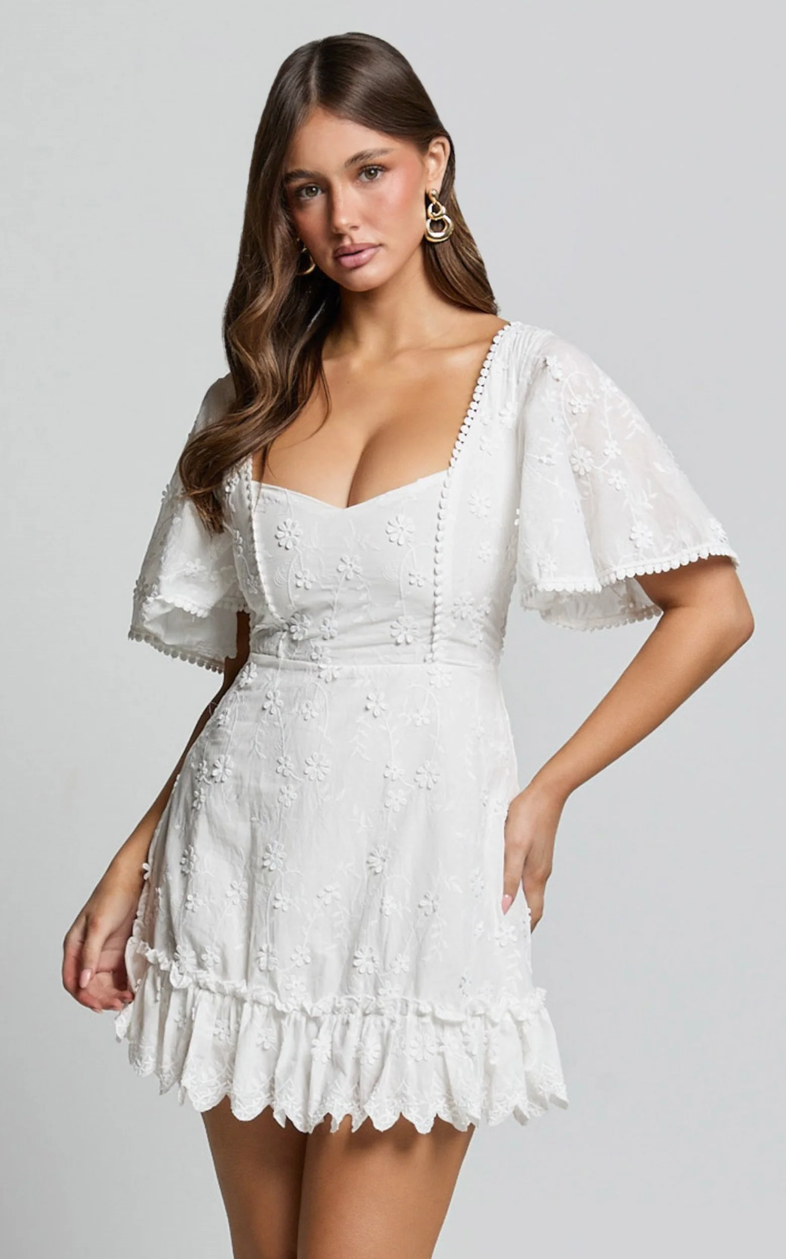Fancy A Spritz Mini Dress - Square Neck Dress in White Embroidery - Image 6
