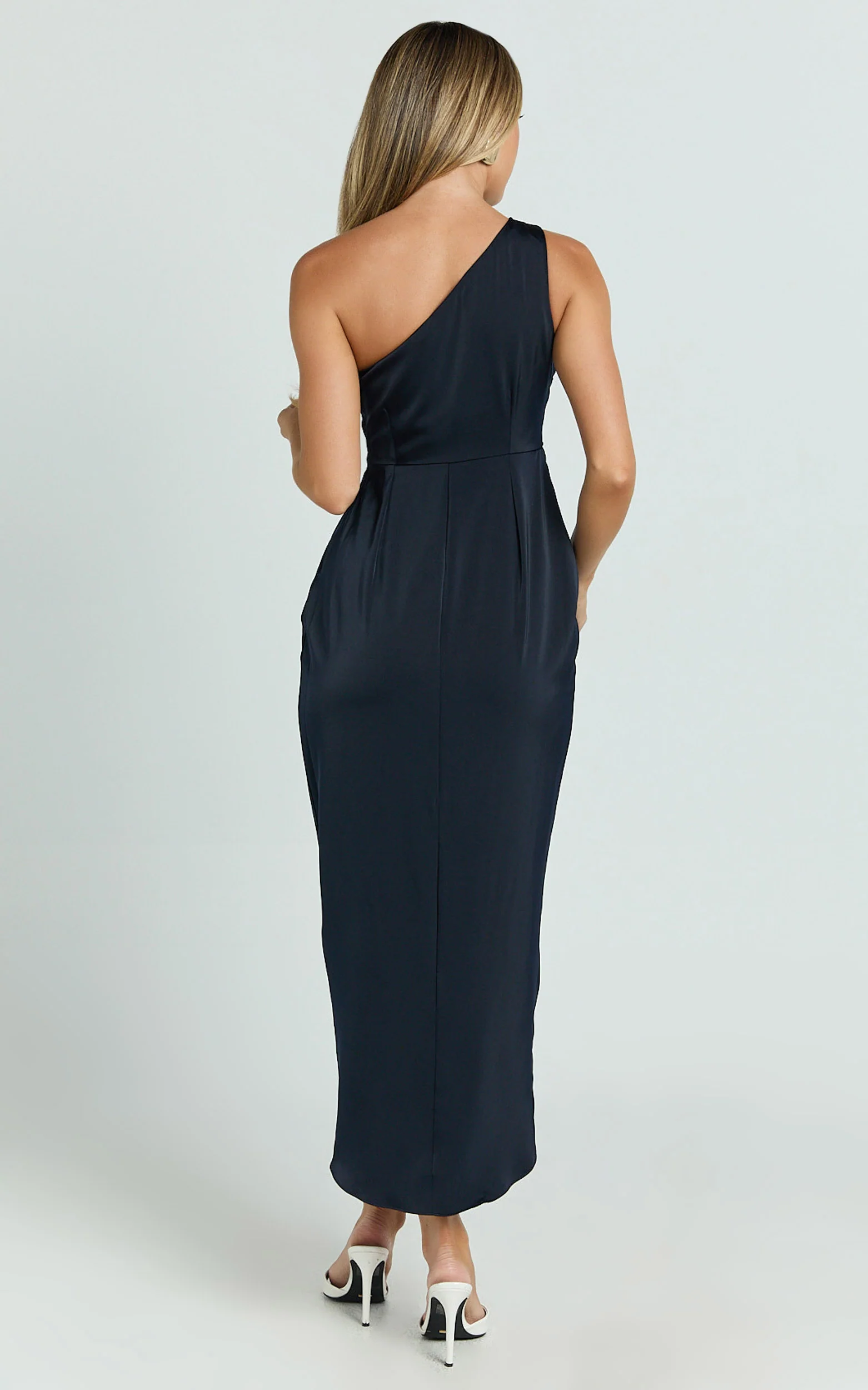 Felt So Happy Midi Dress - One Shoulder Drape Dress in Navy - Image 7