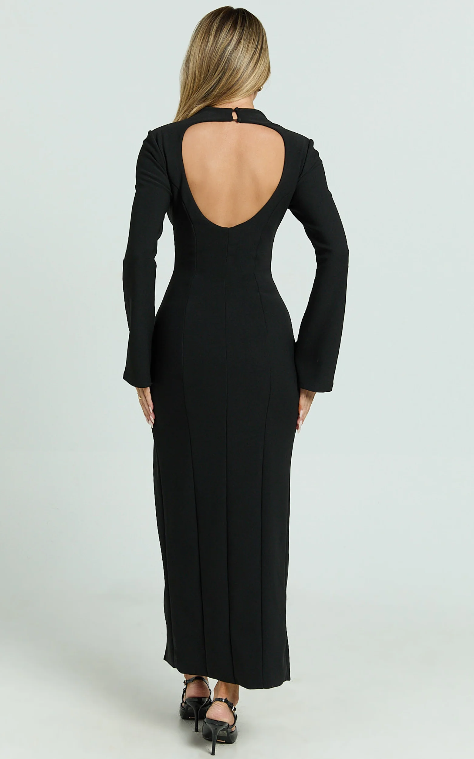 Finley Midi Dress - High Neck Long Sleeve Leg Split Bodycon Dress in Black - Image 6