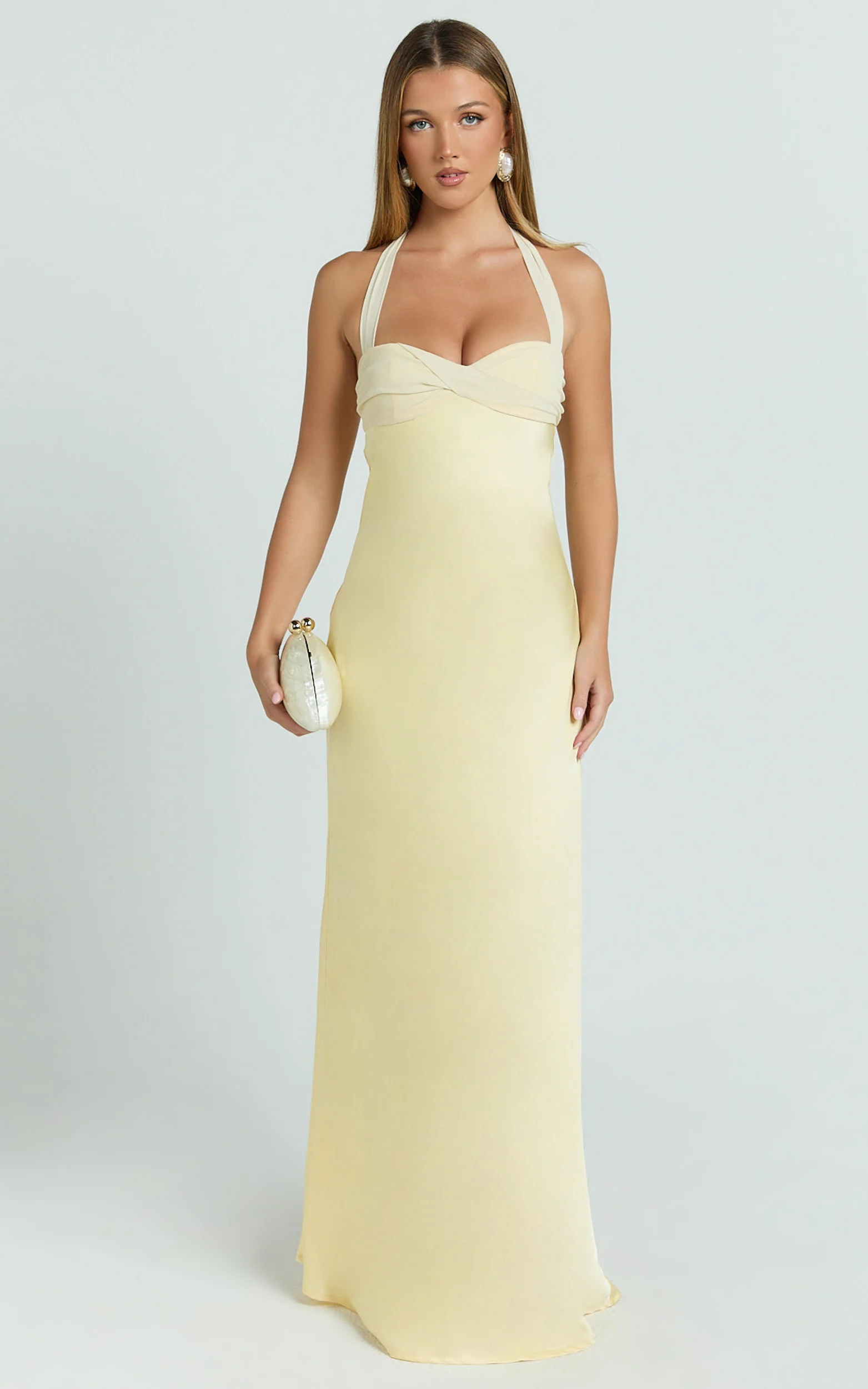 Flynn Maxi Dress - Satin Halter Sweetheart Neck Dress in Butter Yellow - Image 3
