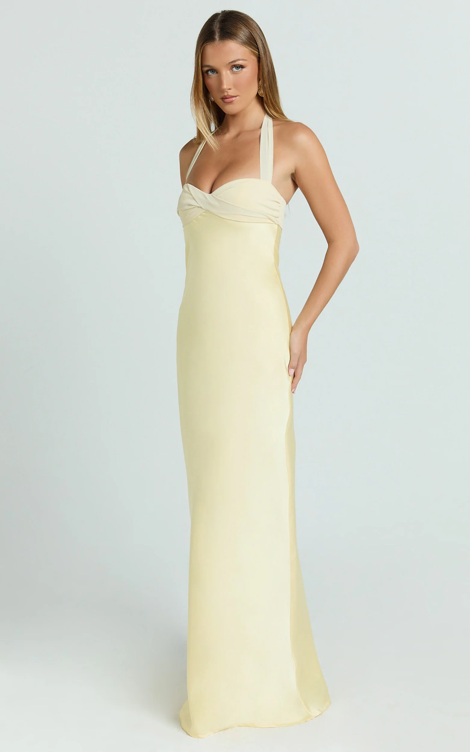 Flynn Maxi Dress - Satin Halter Sweetheart Neck Dress in Butter Yellow - Image 4