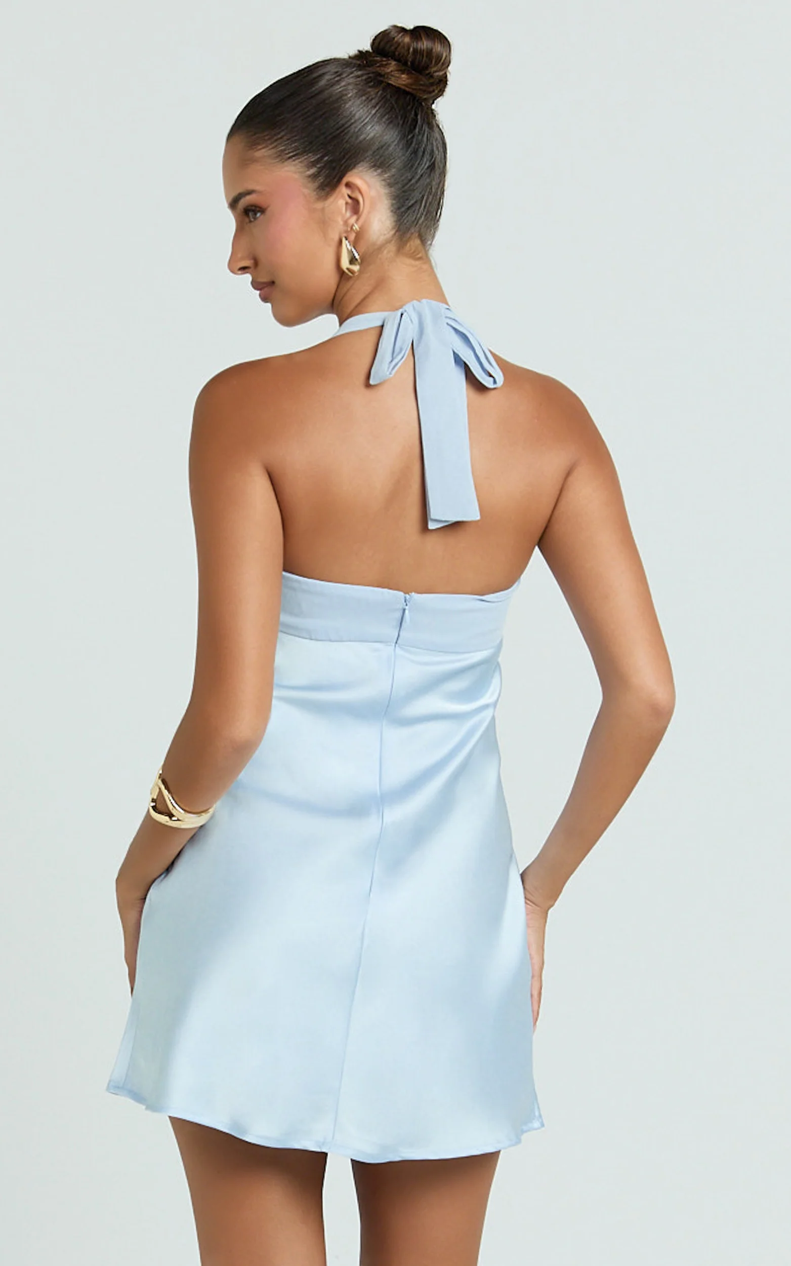 Flynn Mini Dress - Satin Halter Sweetheart Neck Dress in Blue - Image 2