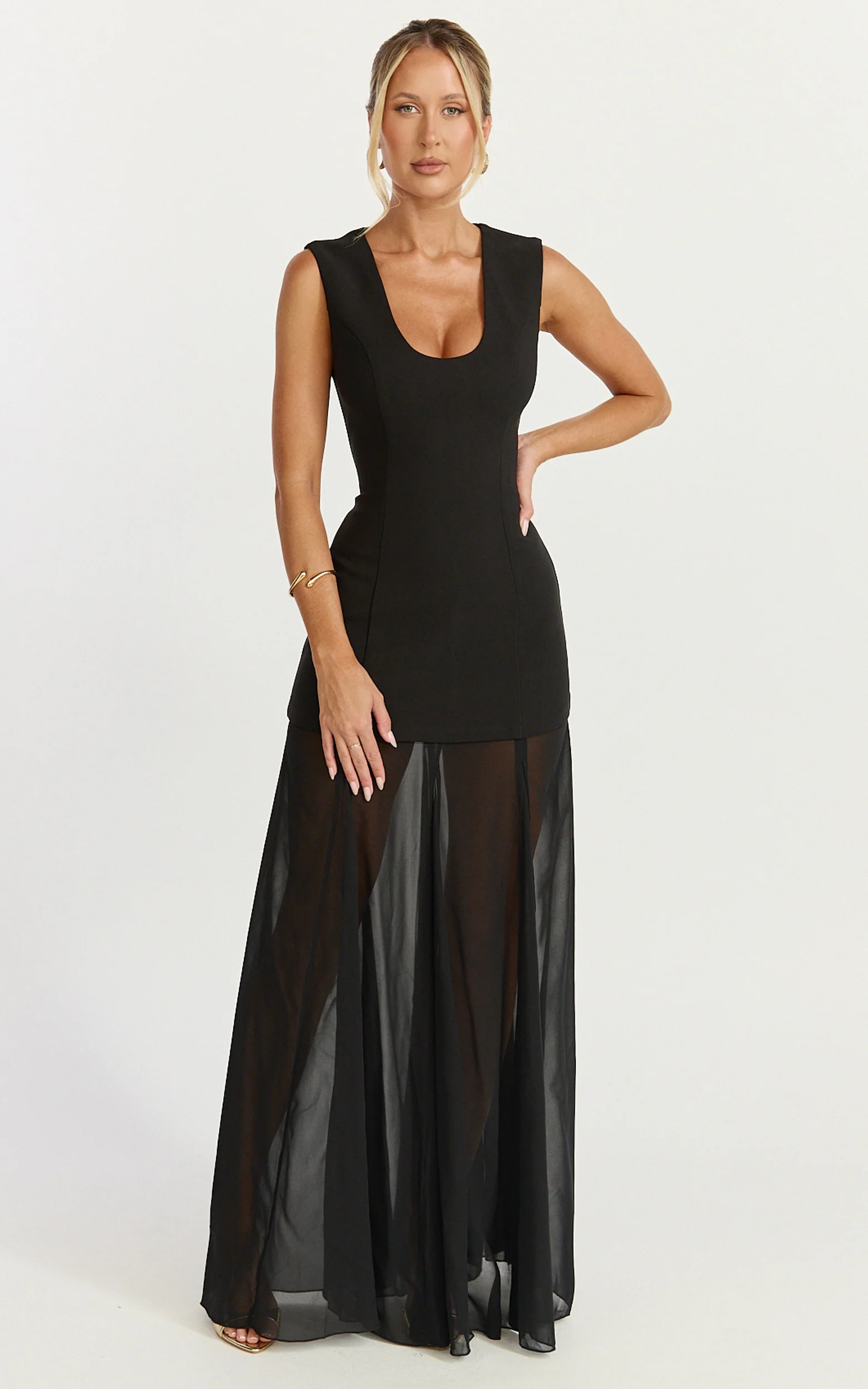 Frances Maxi Dress - Contrast U Neck Godet A Line Dress in Black - Image 4