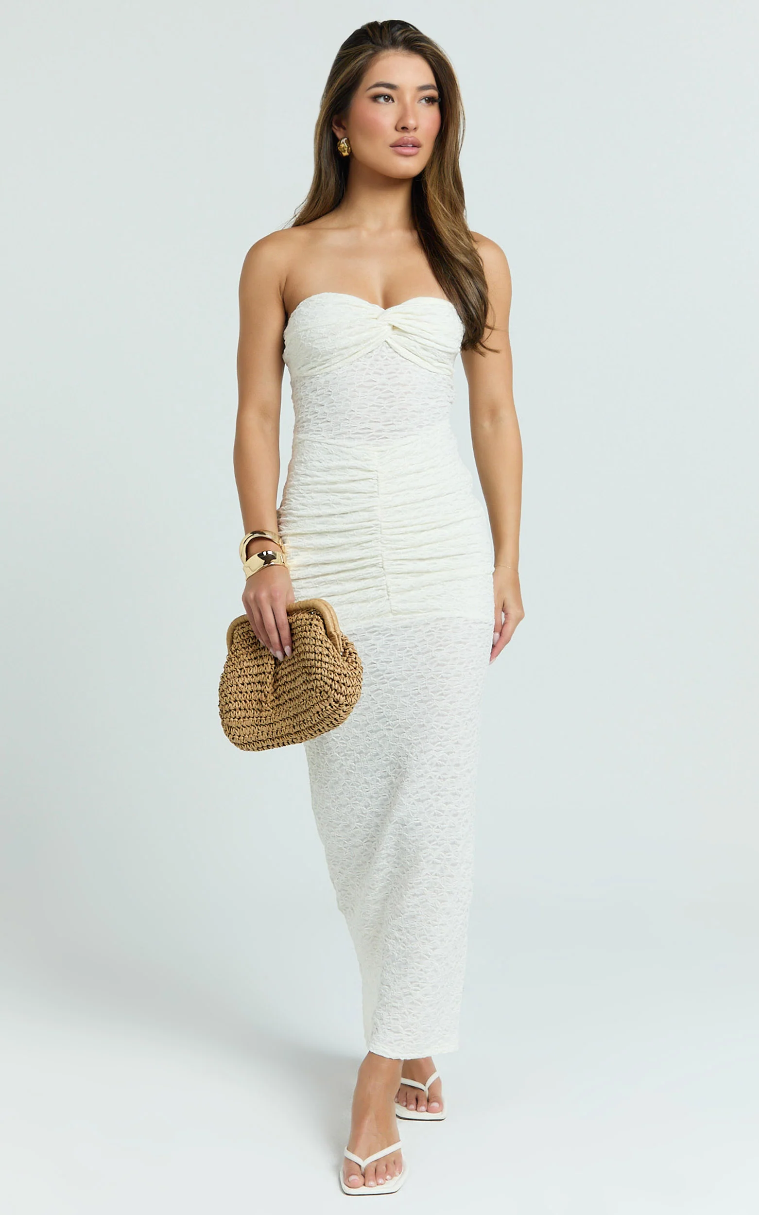 Francine Midi Dress - Strapless Twist Sheer Textured Jersey Dress in Cream - Image 7