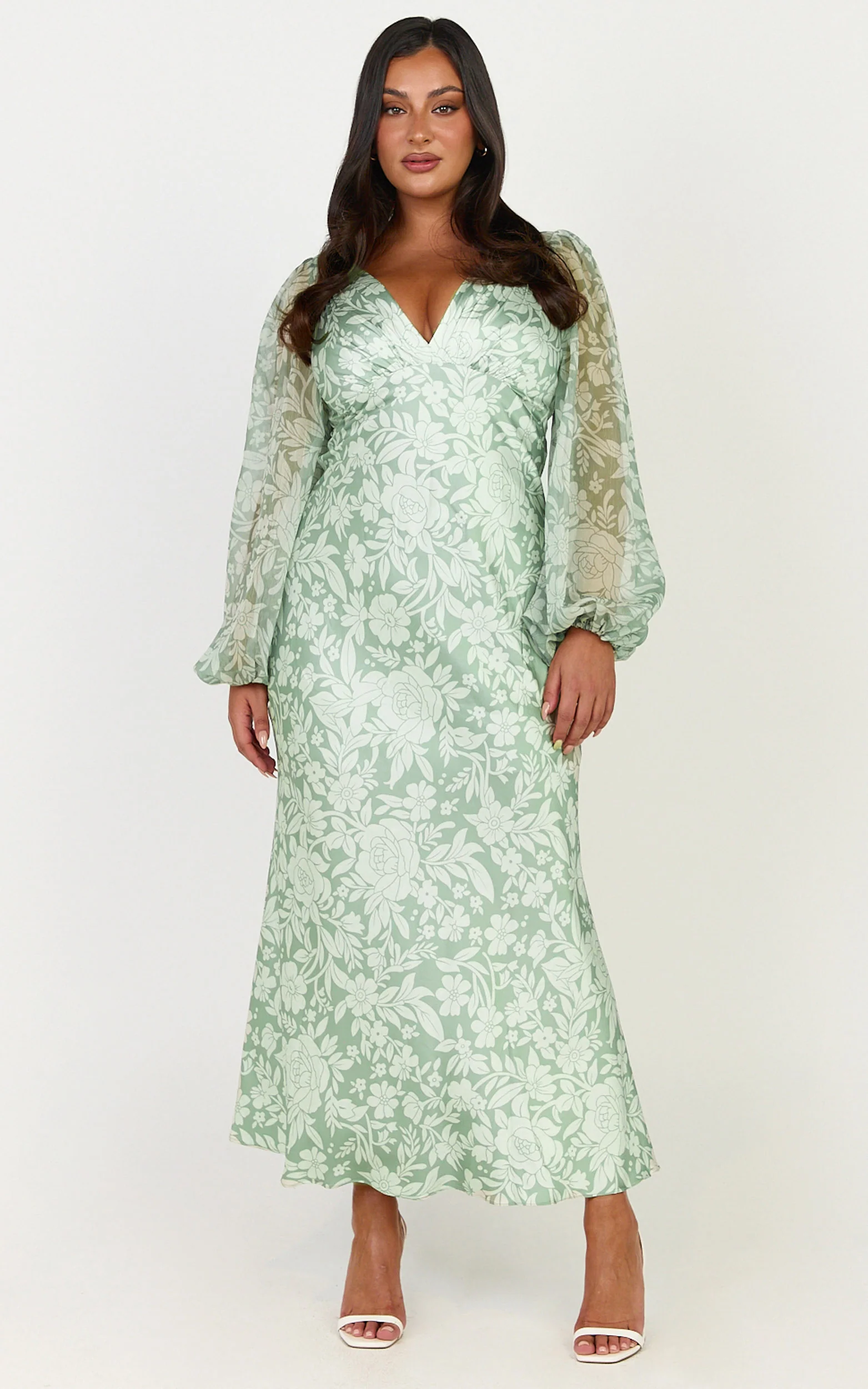 Freollyn Midi Dress - Deep V Neck Long Sleeve Dress in Sage - Image 2