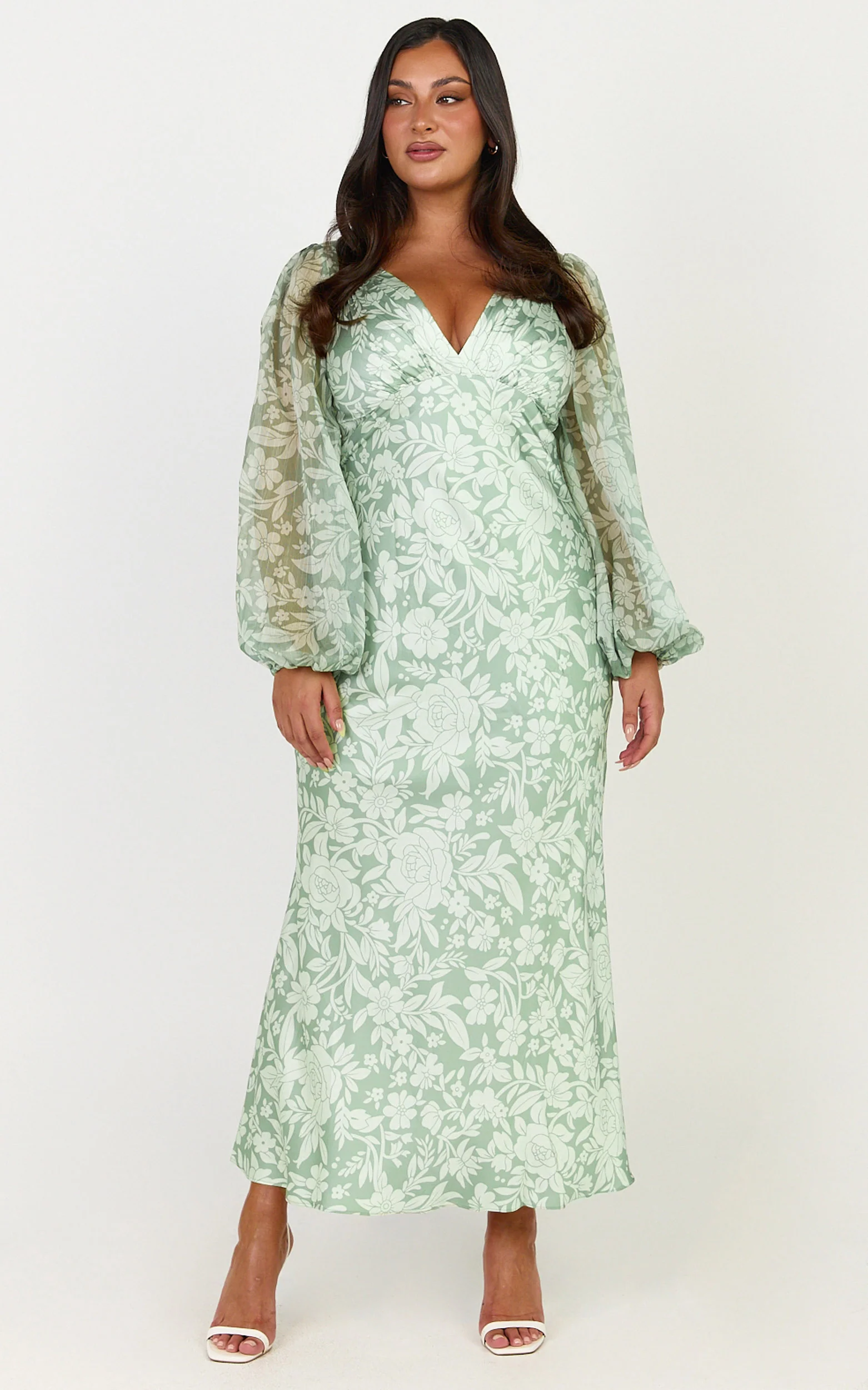 Freollyn Midi Dress - Deep V Neck Long Sleeve Dress in Sage - Image 6
