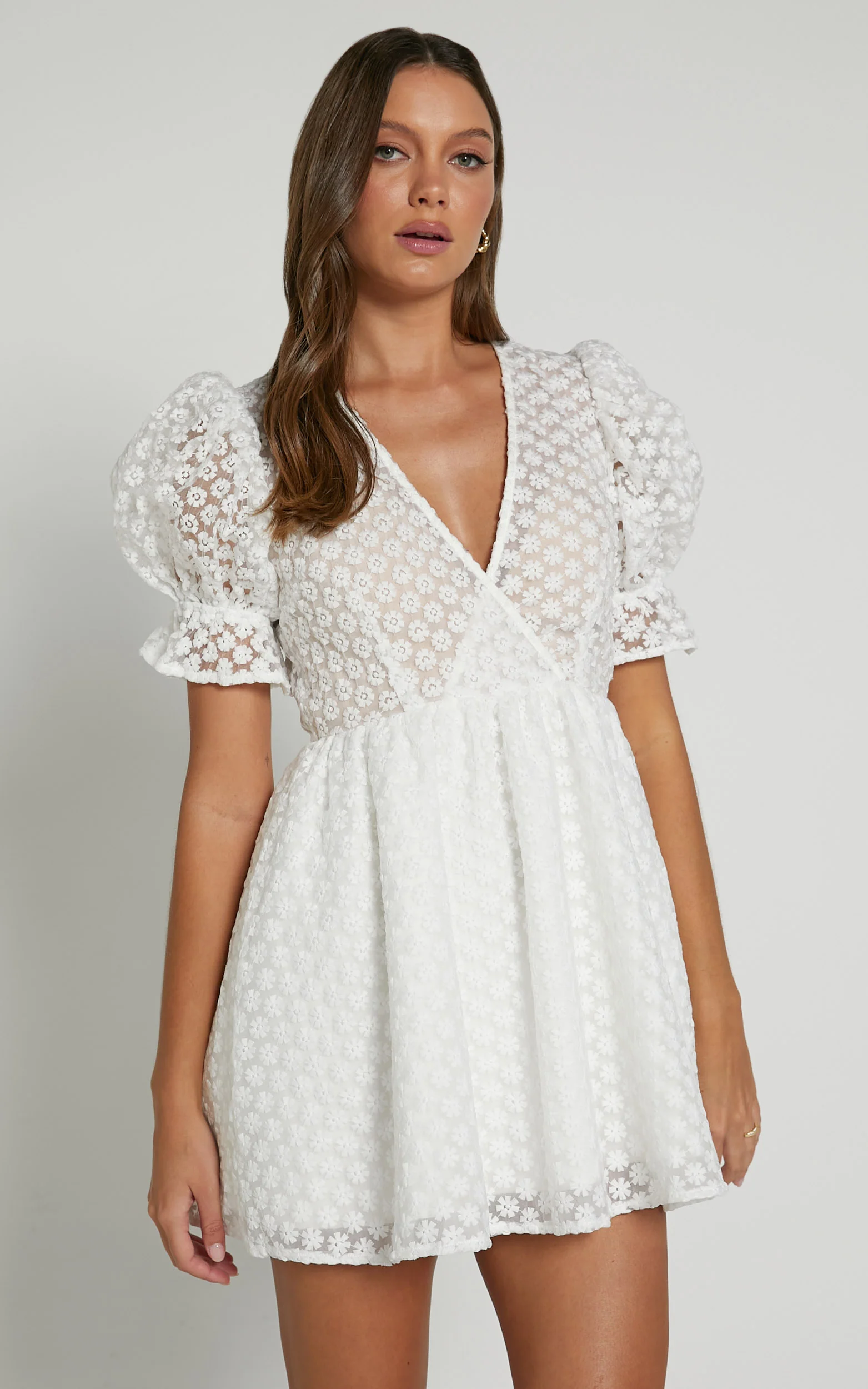 Freya Mini Dress - Puff Sleeve V Neck A Line Dress in White - Image 4