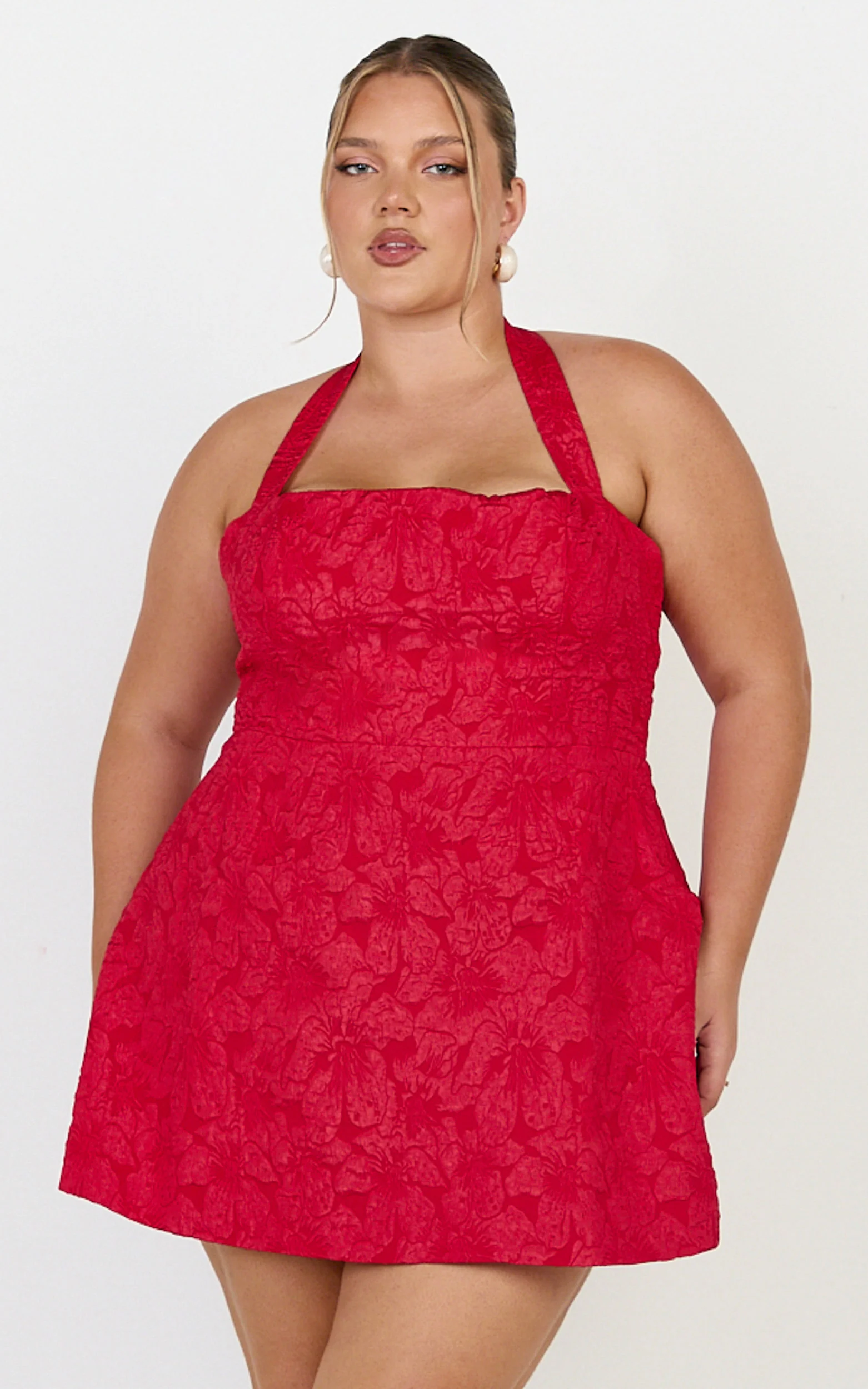 Gabbie Mini Dress - Jacquard Halter Fit And Flare Dress in Red - Image 2