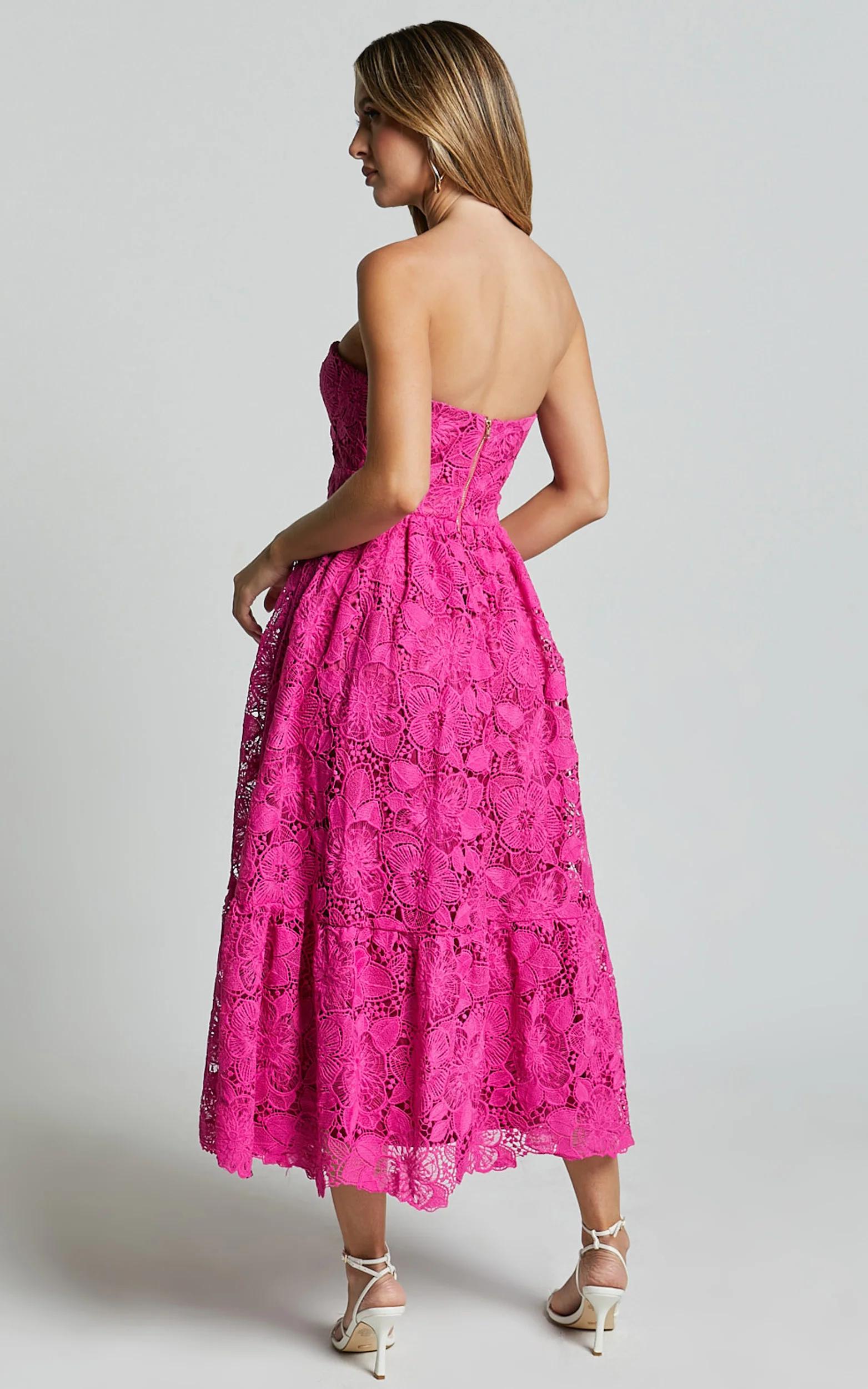 Gabriela Midi Dress - Strapless Lace Dress in Magenta - Image 5