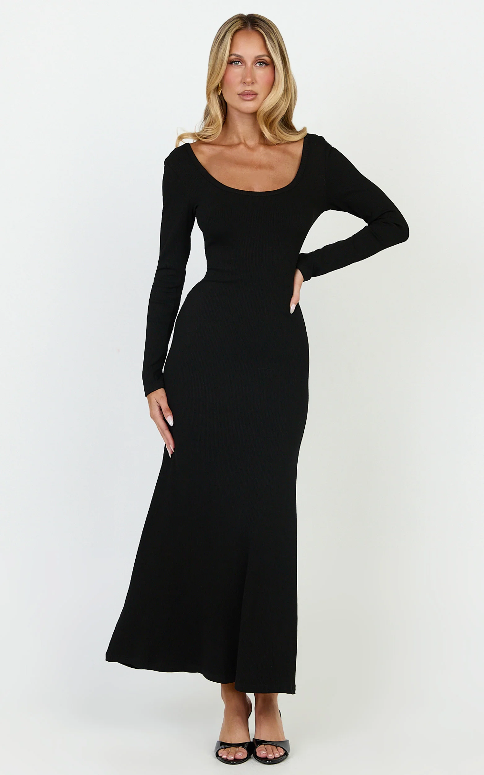 Gabriella Maxi Dress - Long Sleeve Scoop Neck Dress in Black - Image 3