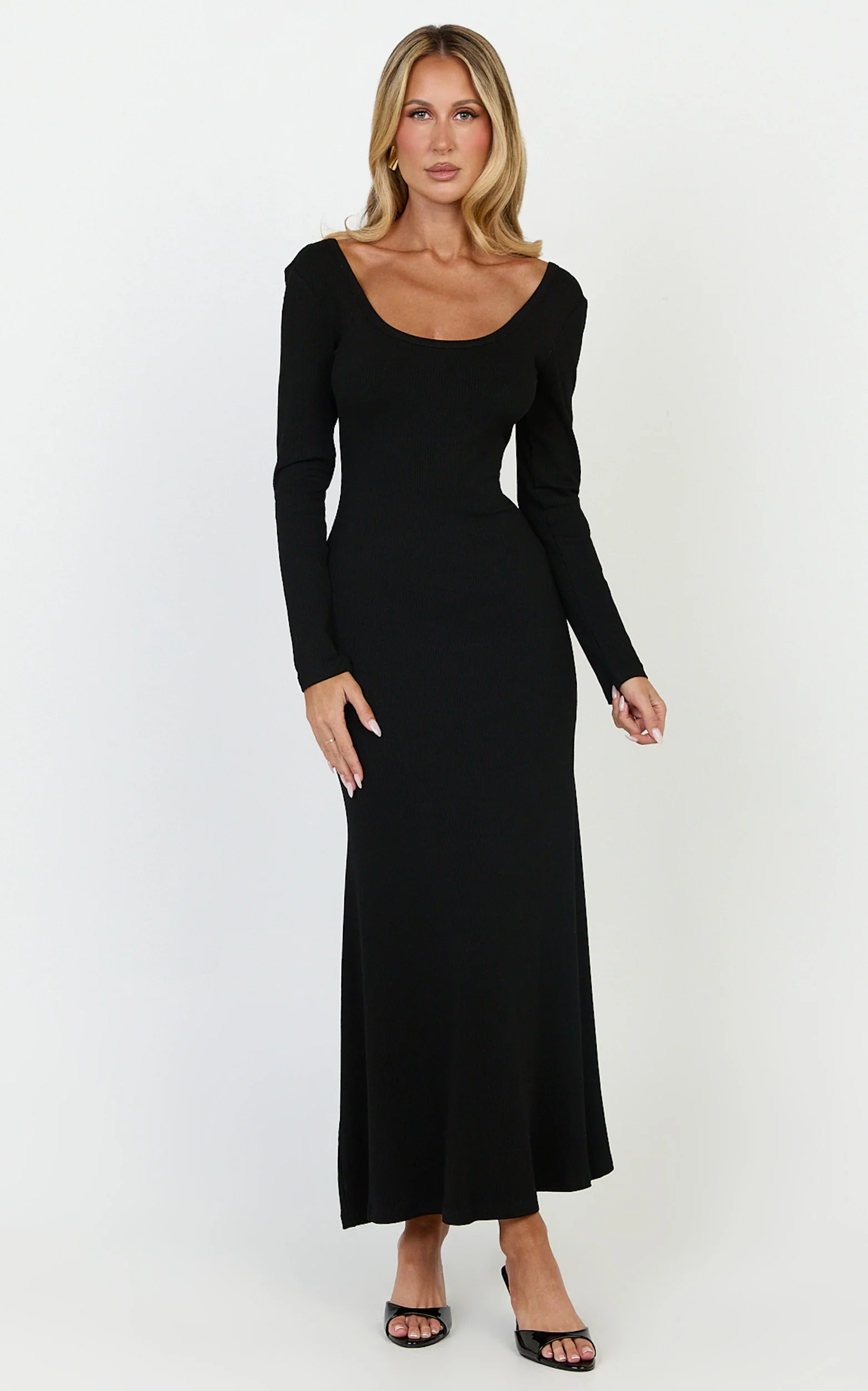 Gabriella Maxi Dress - Long Sleeve Scoop Neck Dress in Black - Image 4