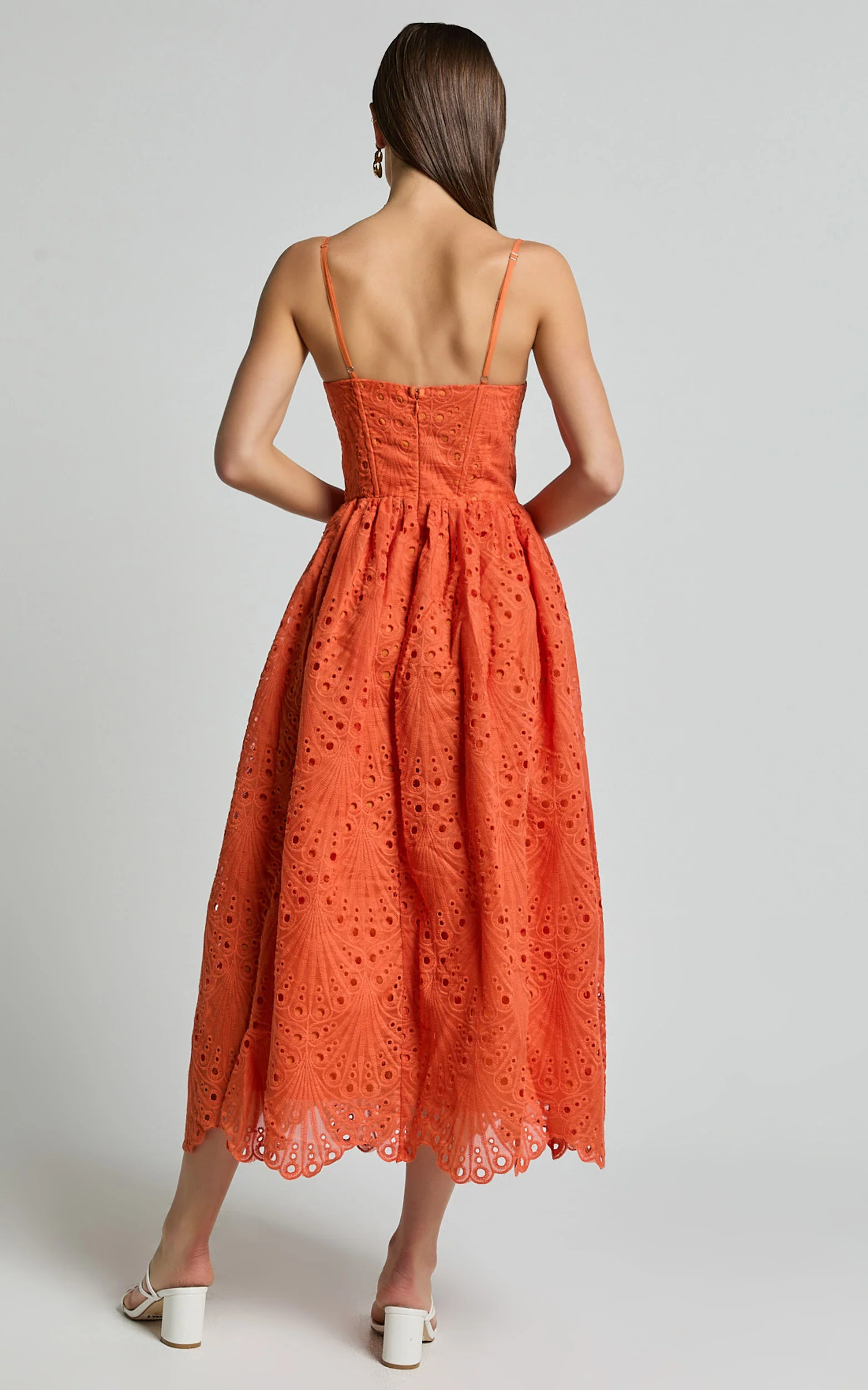 Gabriella Midi Dress - Strappy Gathered Skirt Embroidered Dress in Orange - Image 6