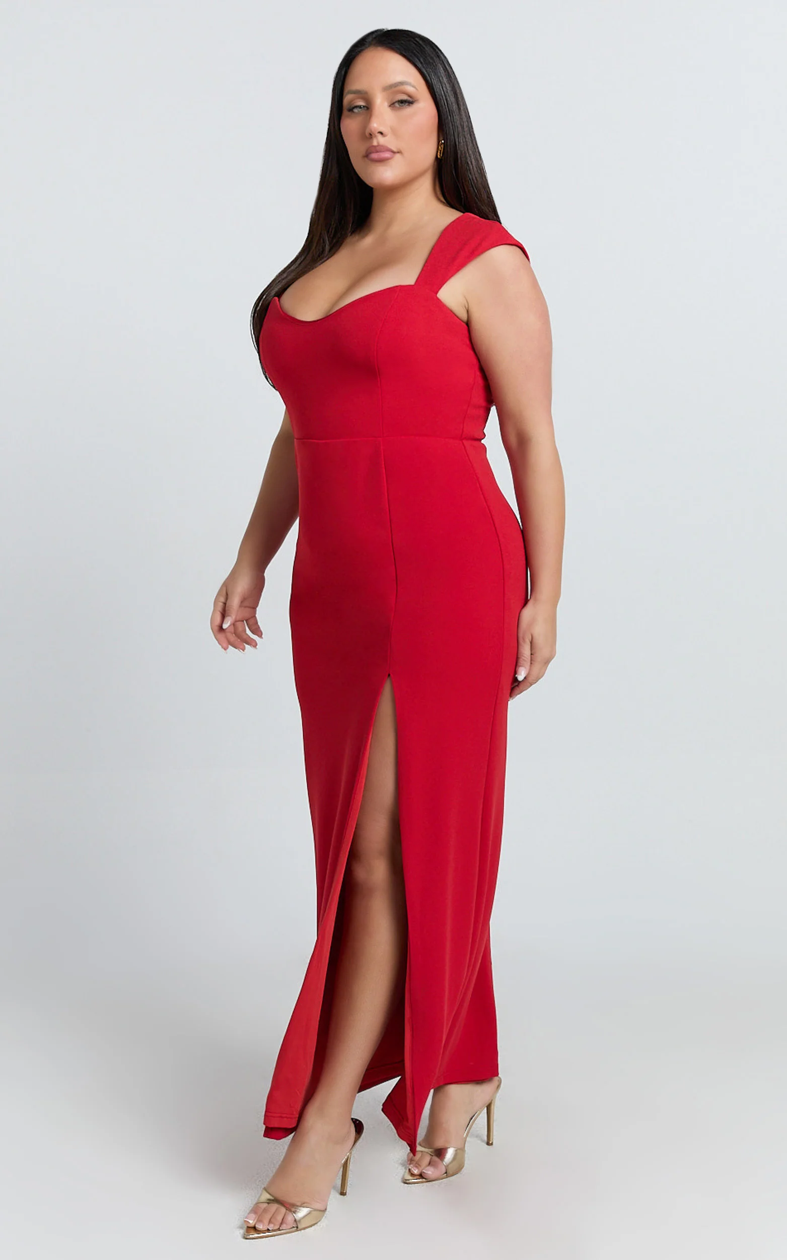 Gabrielle Midi Dress - Cap Sleeve Sweetheart Neck Bodycon Dress in Red - Image 4