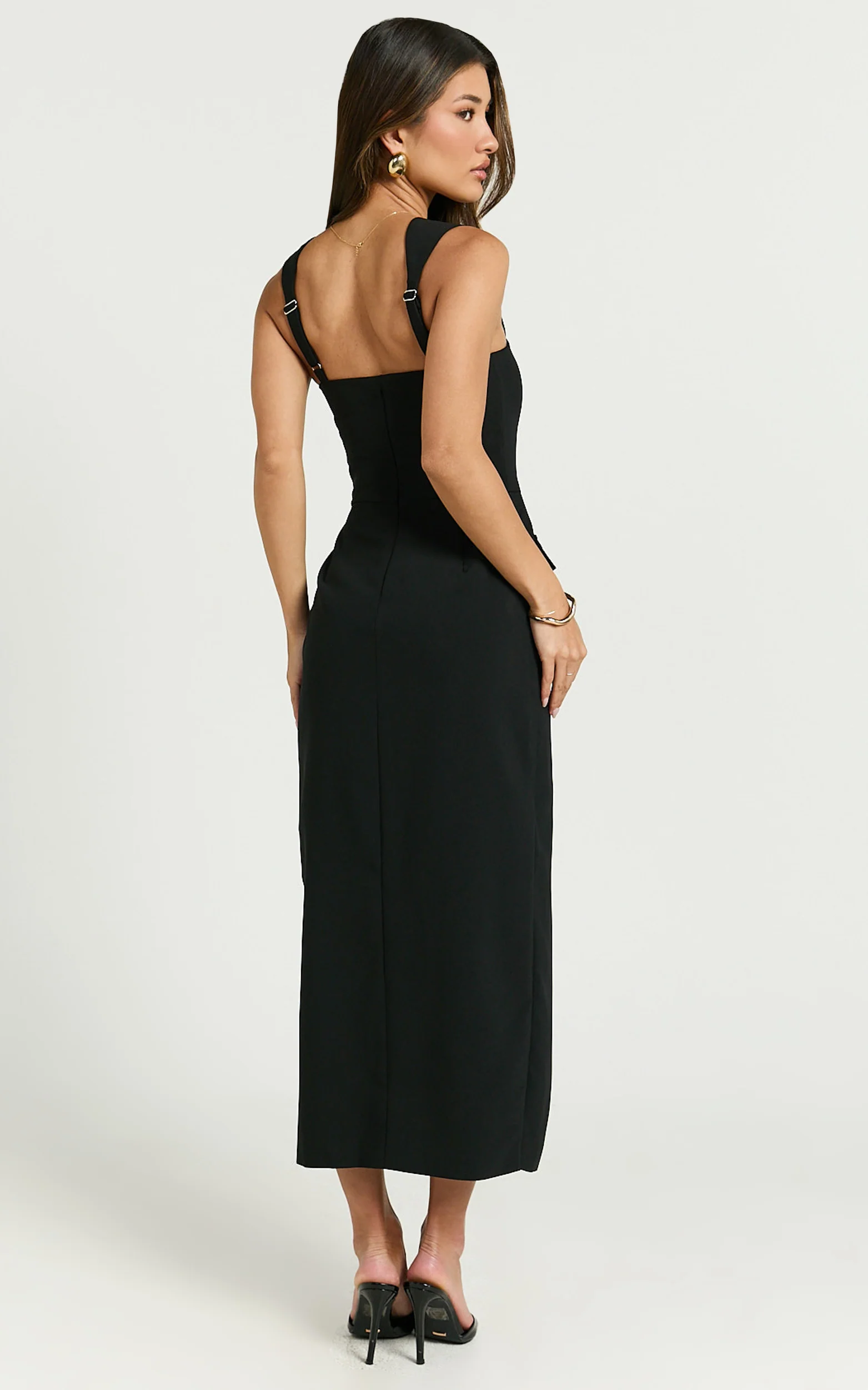 Garcia Midi Dress - Square Neck Wide Straps Fitted Wrap Skirt Dress in Black - Image 6