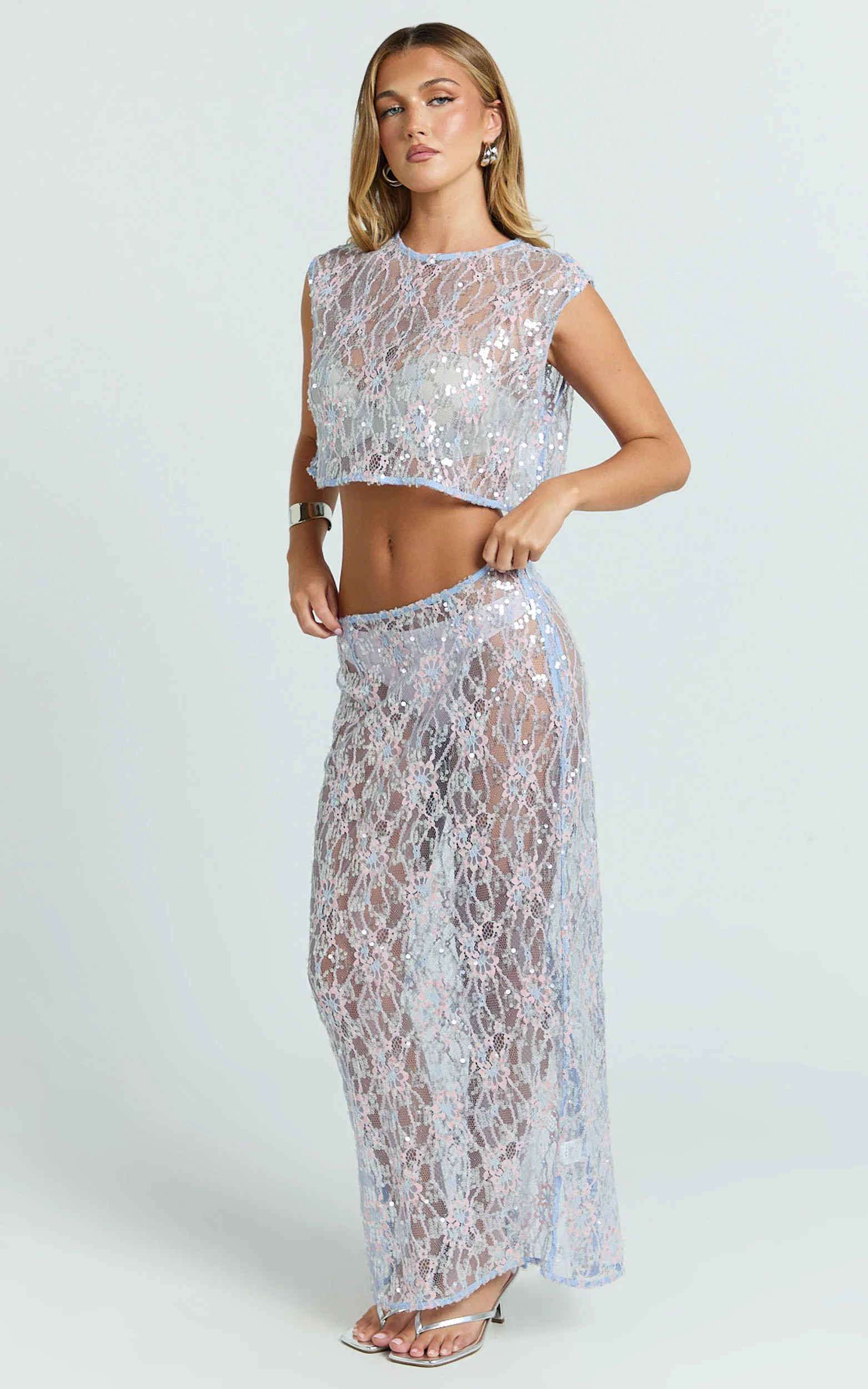 Gemmalyn Two Piece Top and Skirt Set - Sequin Lace Top And A Line Midi Skirt in Pink - Image 4