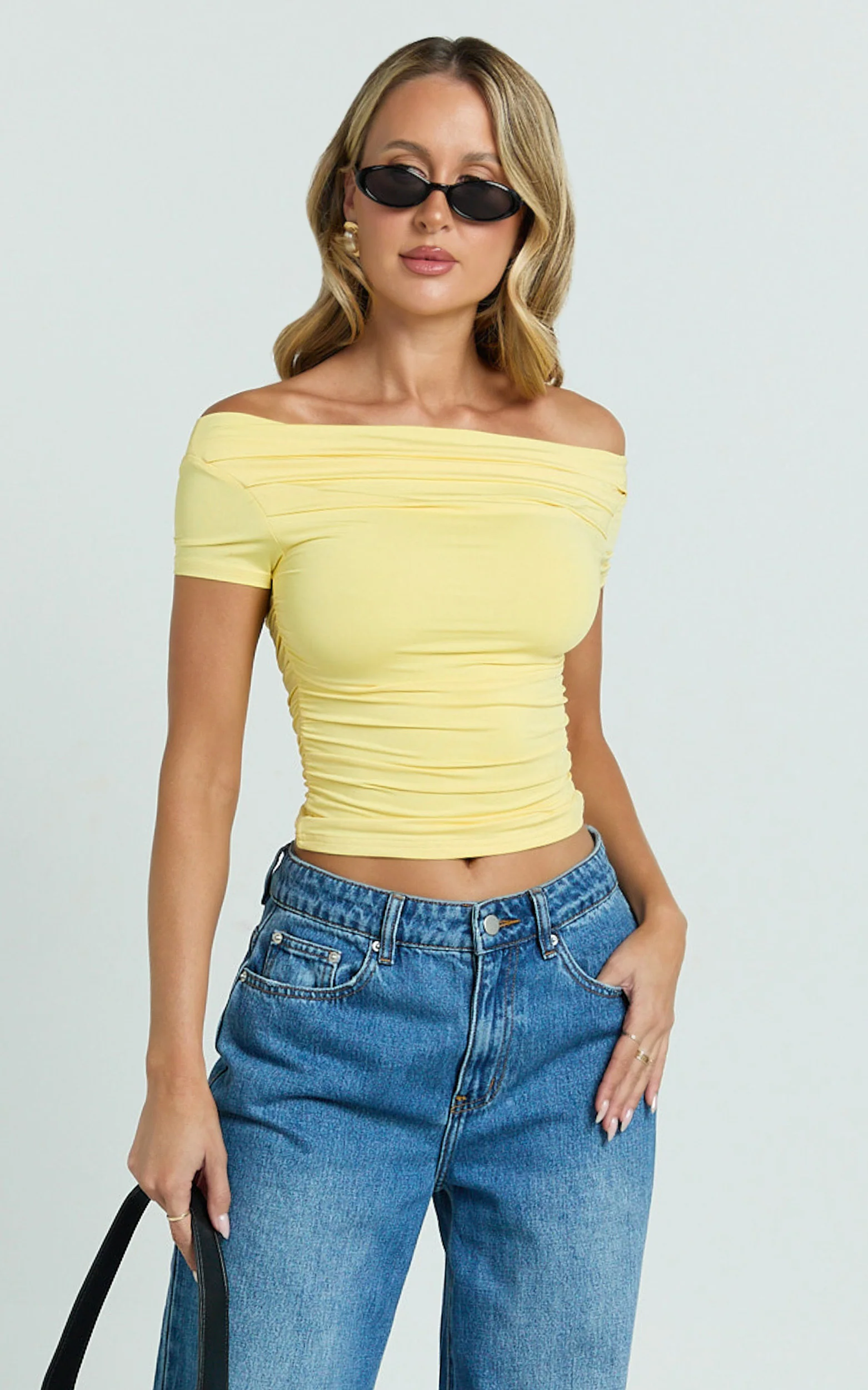 Gena Top - Off Shoulder Gathered Short Sleeve Top in Pastel Yellow - Image 5