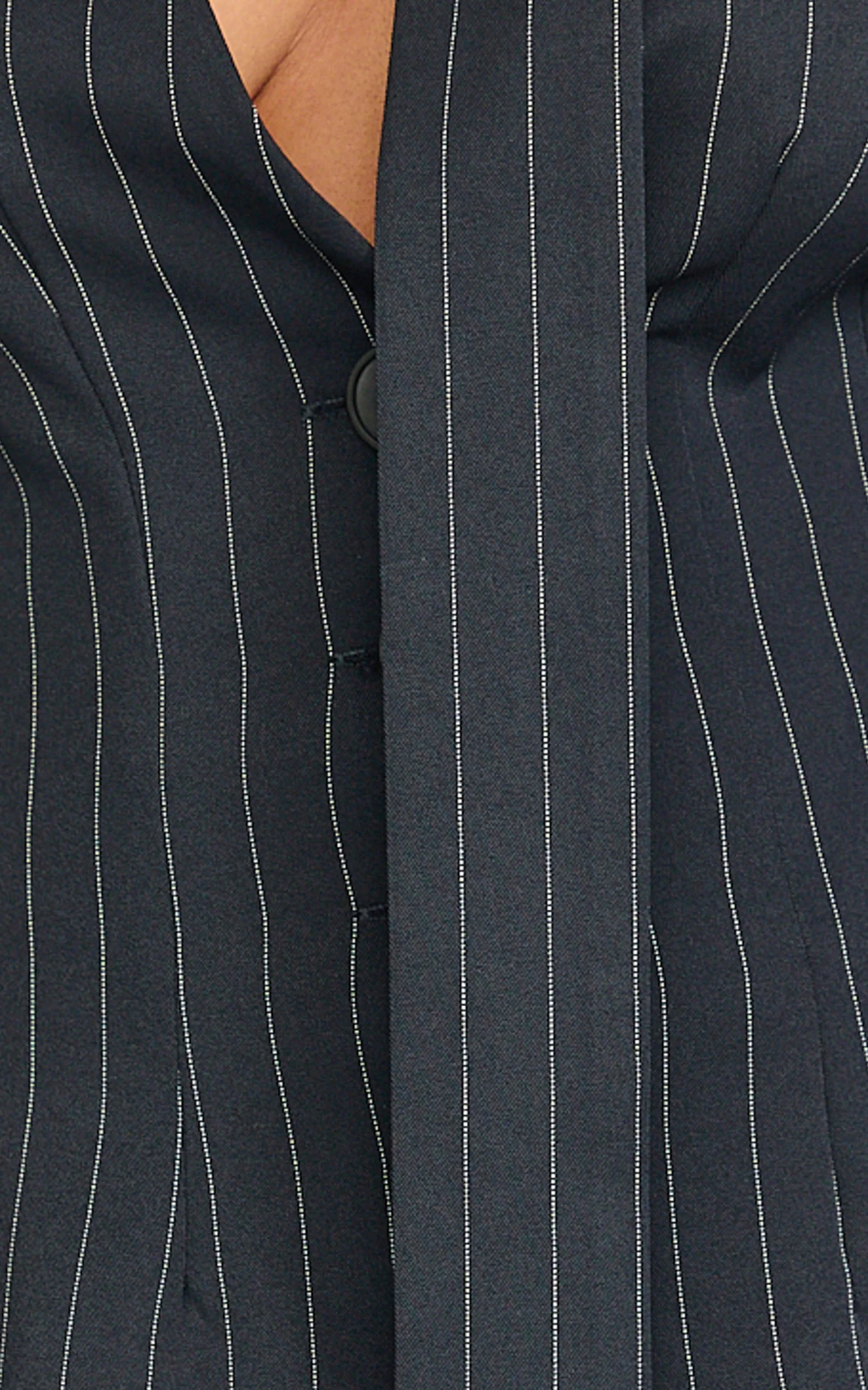 Georgie Top - Button Down Fitted Pinstripe Scarf Blazer Top in Dark Navy - Image 8