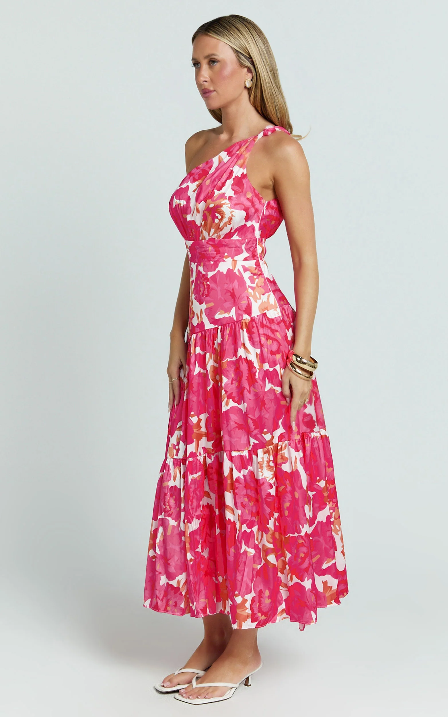 Georgine Midi Dress - One Shoulder Ruched Tiered Dress in Peony Blossom - Image 3