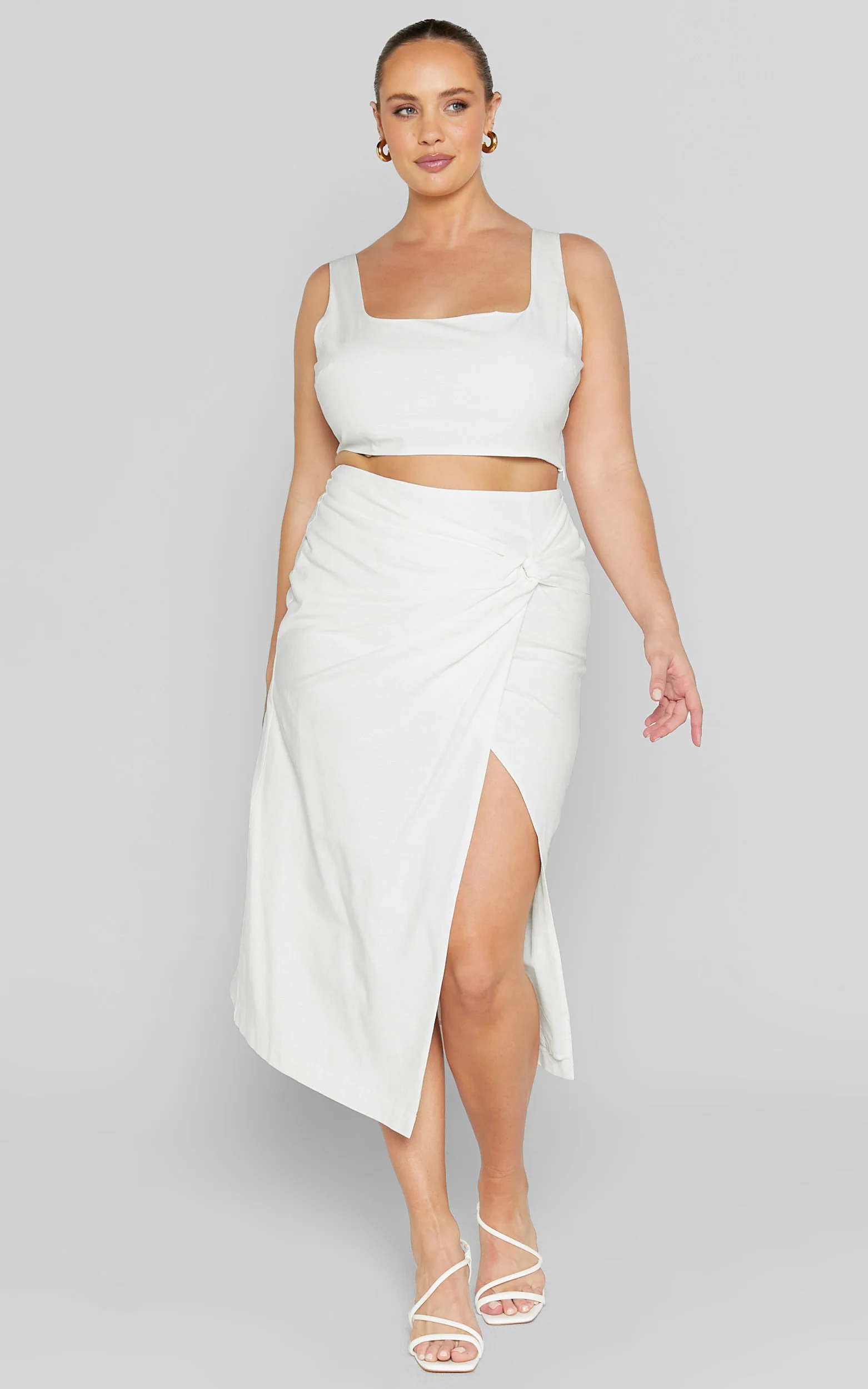 Gibson Two Piece Top and Skirt Set - Linen Crop Top and Knot Front Midi Skirt Set in White - Image 2