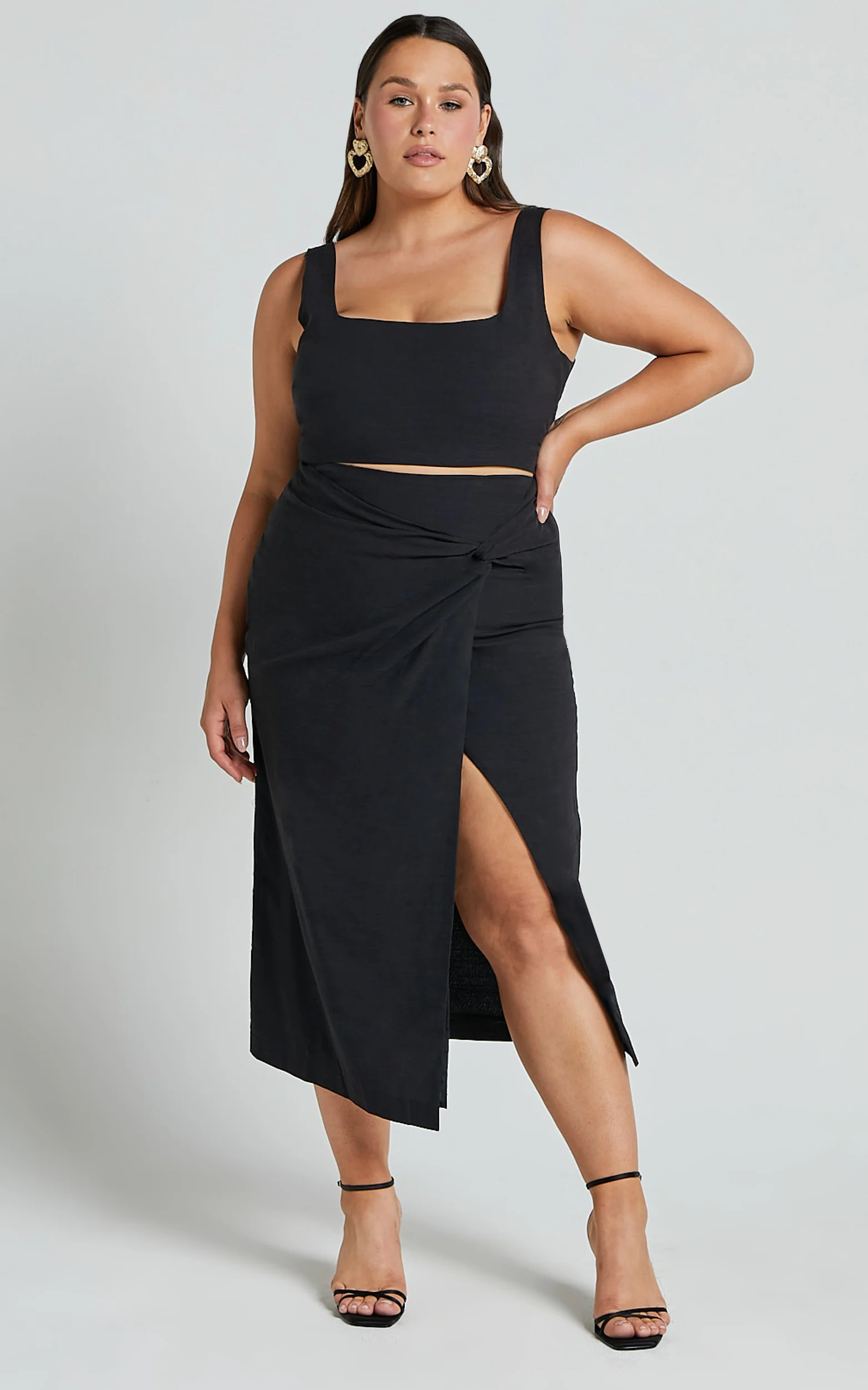 Gibson Two Piece Top and Skirt Set - Linen Crop Top and Knot Front Midi Skirt Set in Black - Image 5