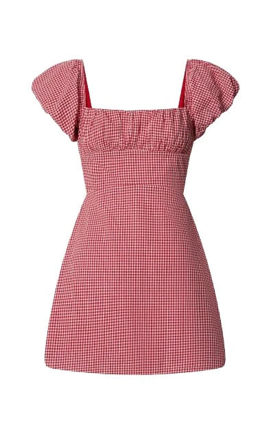 Ginny Mini Dress - Square Neck Ruched Bodice Puff Sleeve Straight Dress in Red Gingham - Image 10