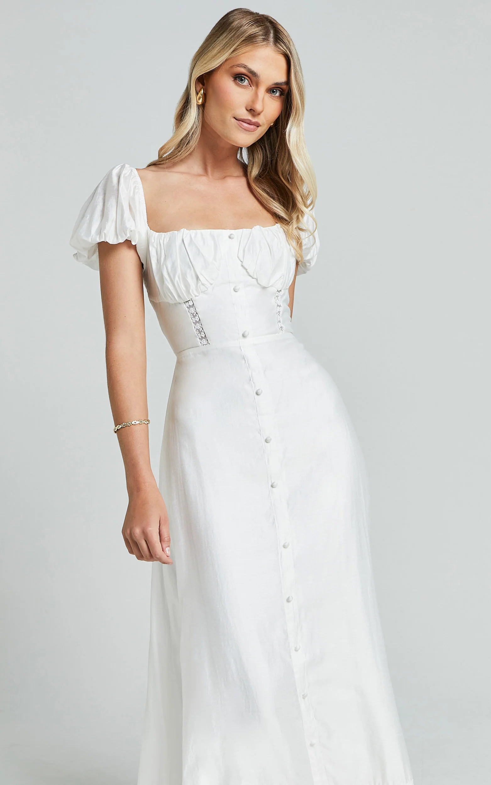 Giselle Midi Dress - Puff Sleeve Corset Flare Dress in White - Image 4