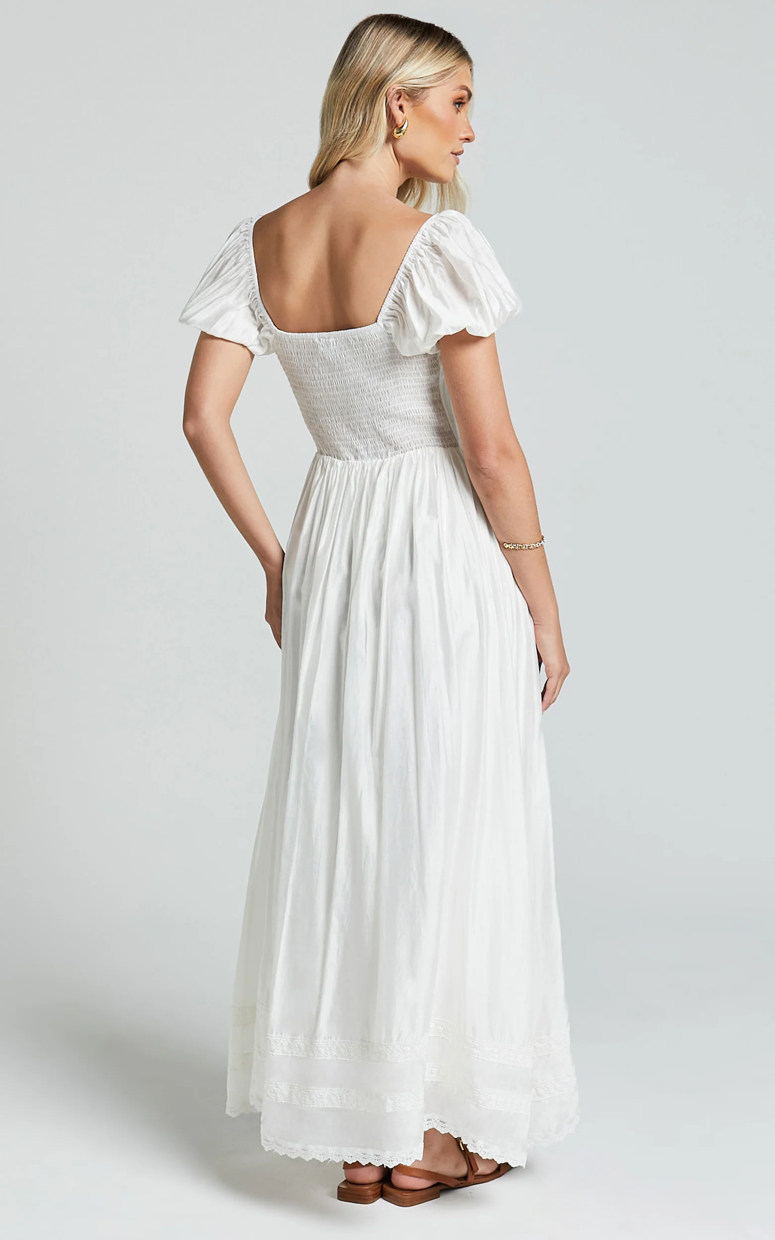 Giselle Midi Dress - Puff Sleeve Corset Flare Dress in White - Image 6