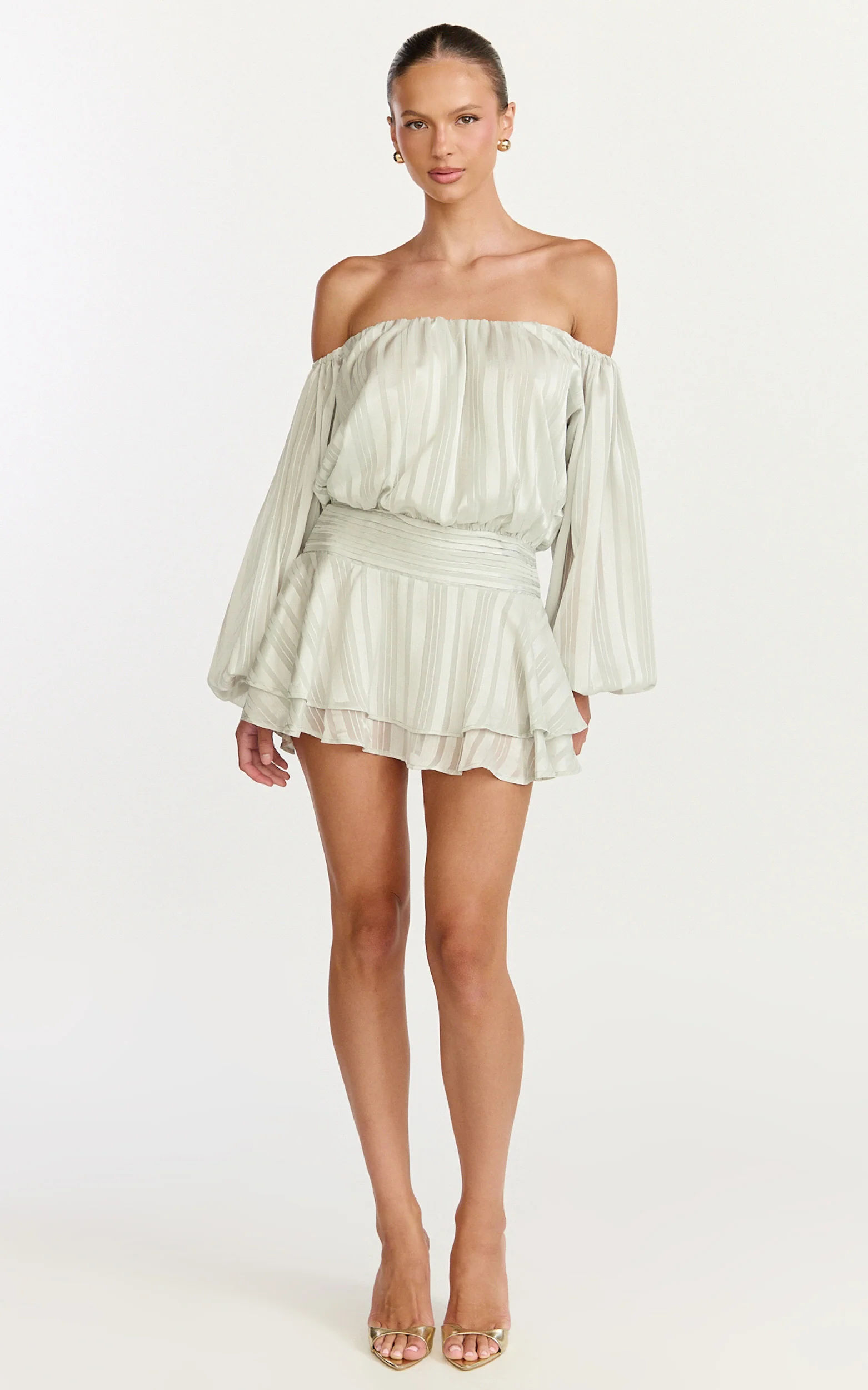 Giselle Mini Dress - Balloon Sleeve Off Shoulder Dress in Sage - Image 2