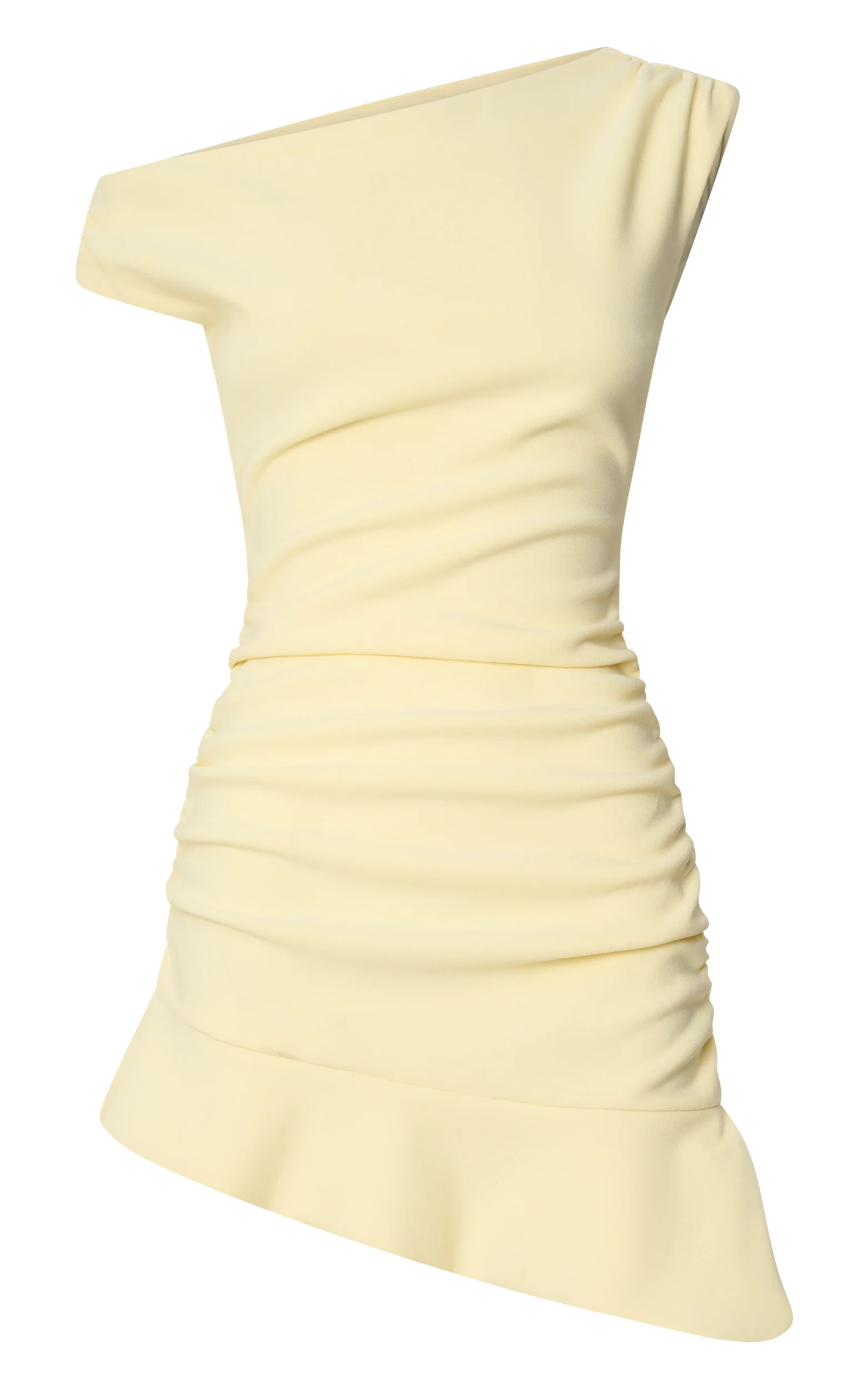Goldie Mini Dress - Tipped Off Shoulder Cap Sleeve Ruched Fitted Ruffle Hem Skirt Dress in Lemon - Image 11