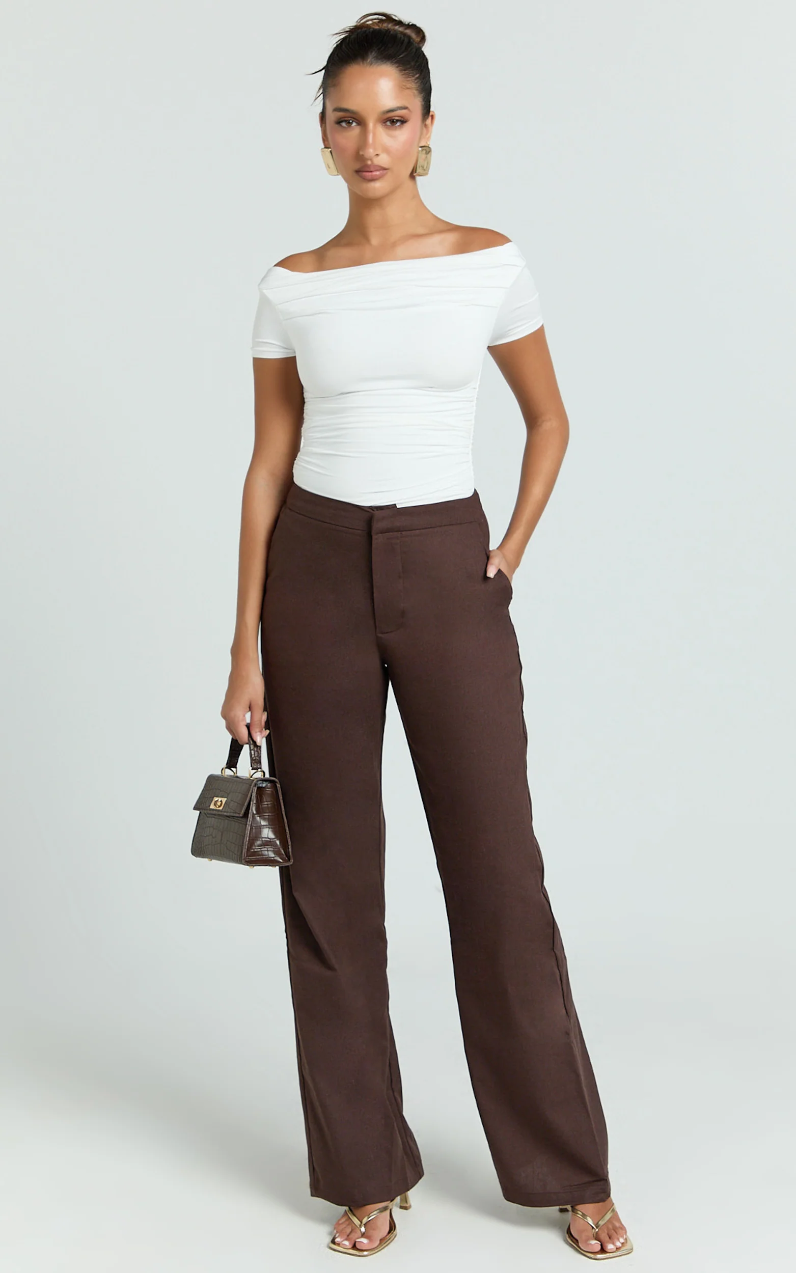 Goldie Pants - Mid Waisted Beaded Belt Tie Straight Leg Pants in Dark Chocolate - Image 3
