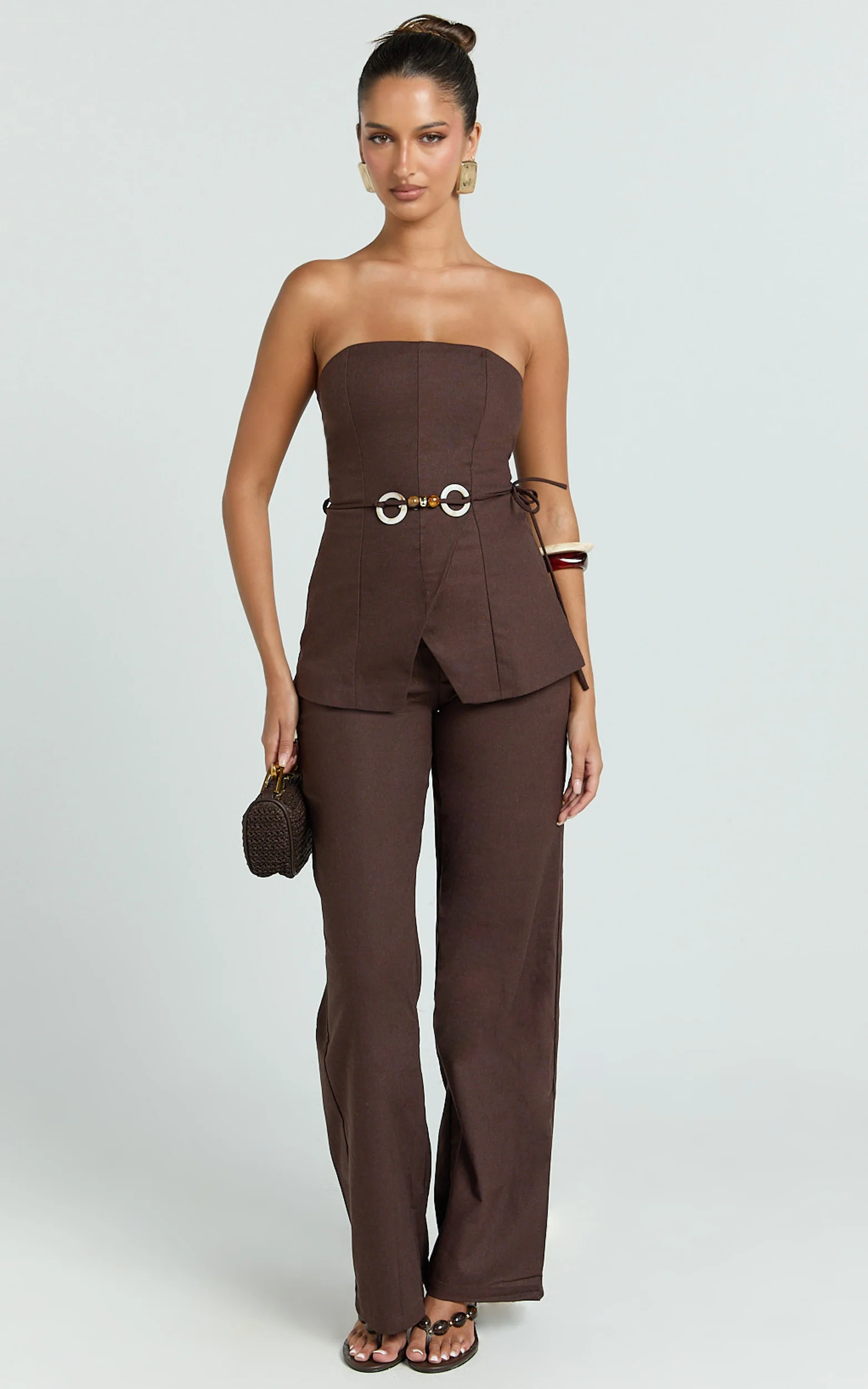 Goldie Top - Strapless Tie Waist Hardware Detail Top in Dark Chocolate - Image 2