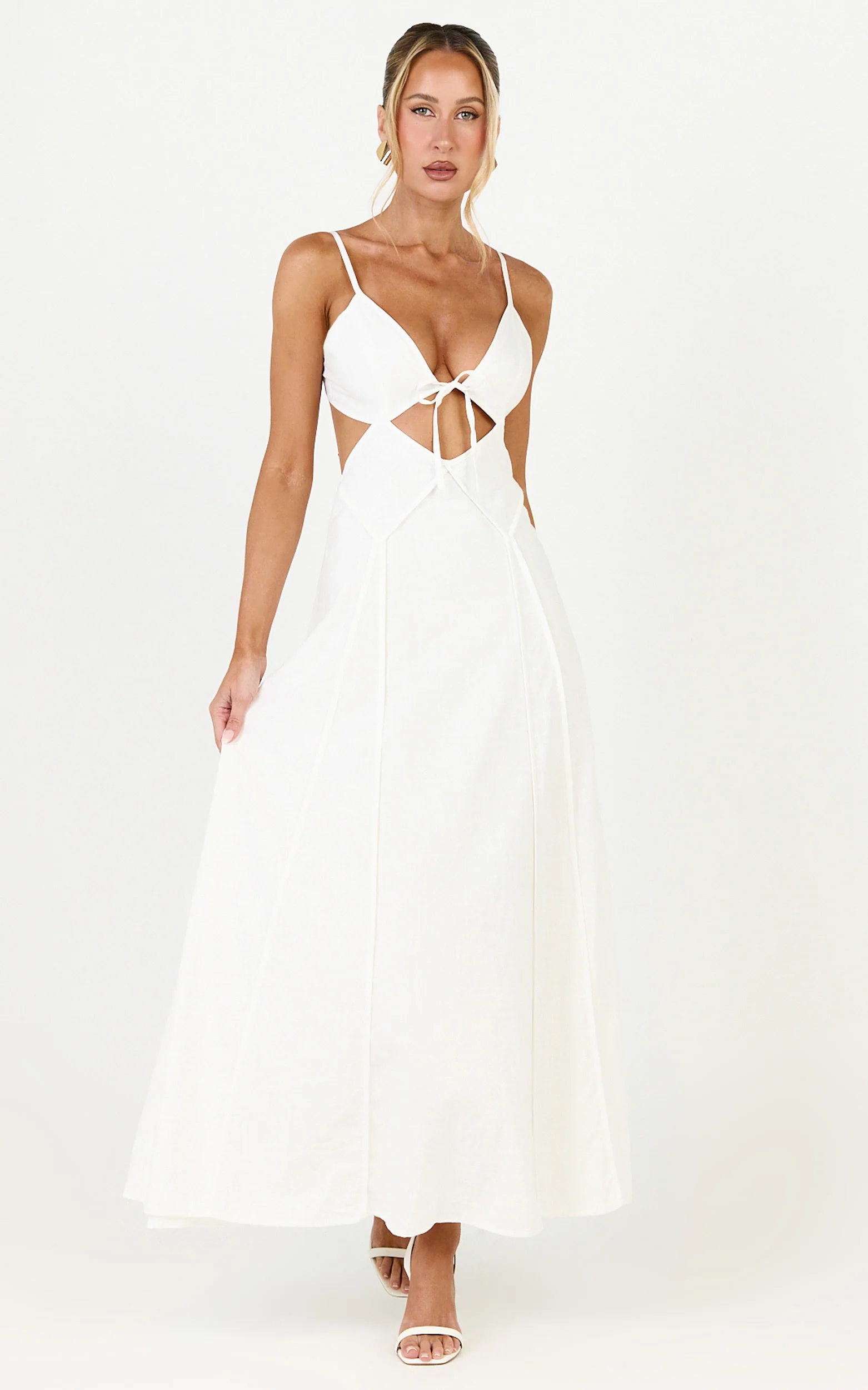 Grace Midi Dress - Strappy Cutaway with Godet Detail Dress in White - Image 4