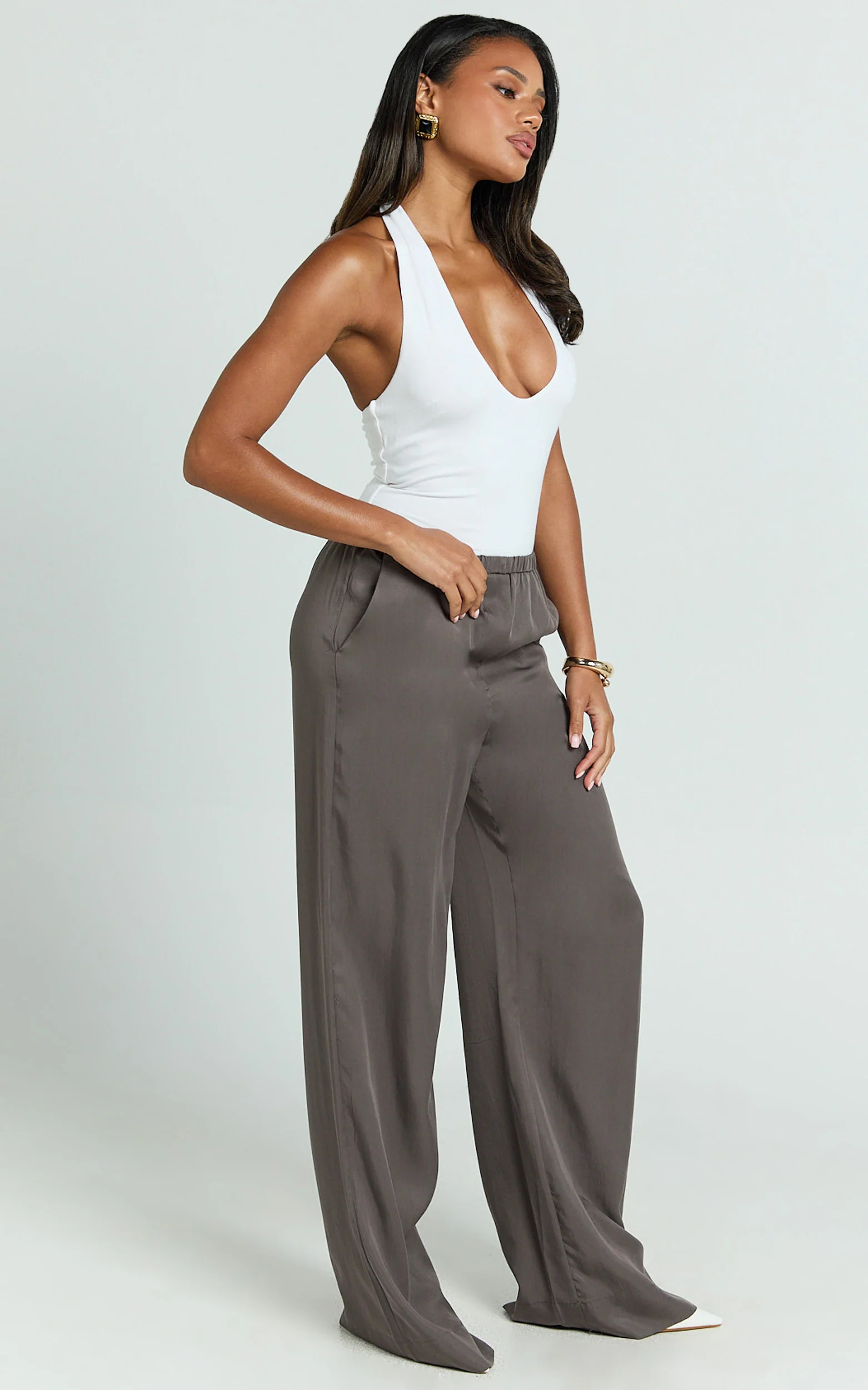 Grace Pants - Low Rise Elasticated Waist Wide Leg Pants in Slate Grey - Image 4