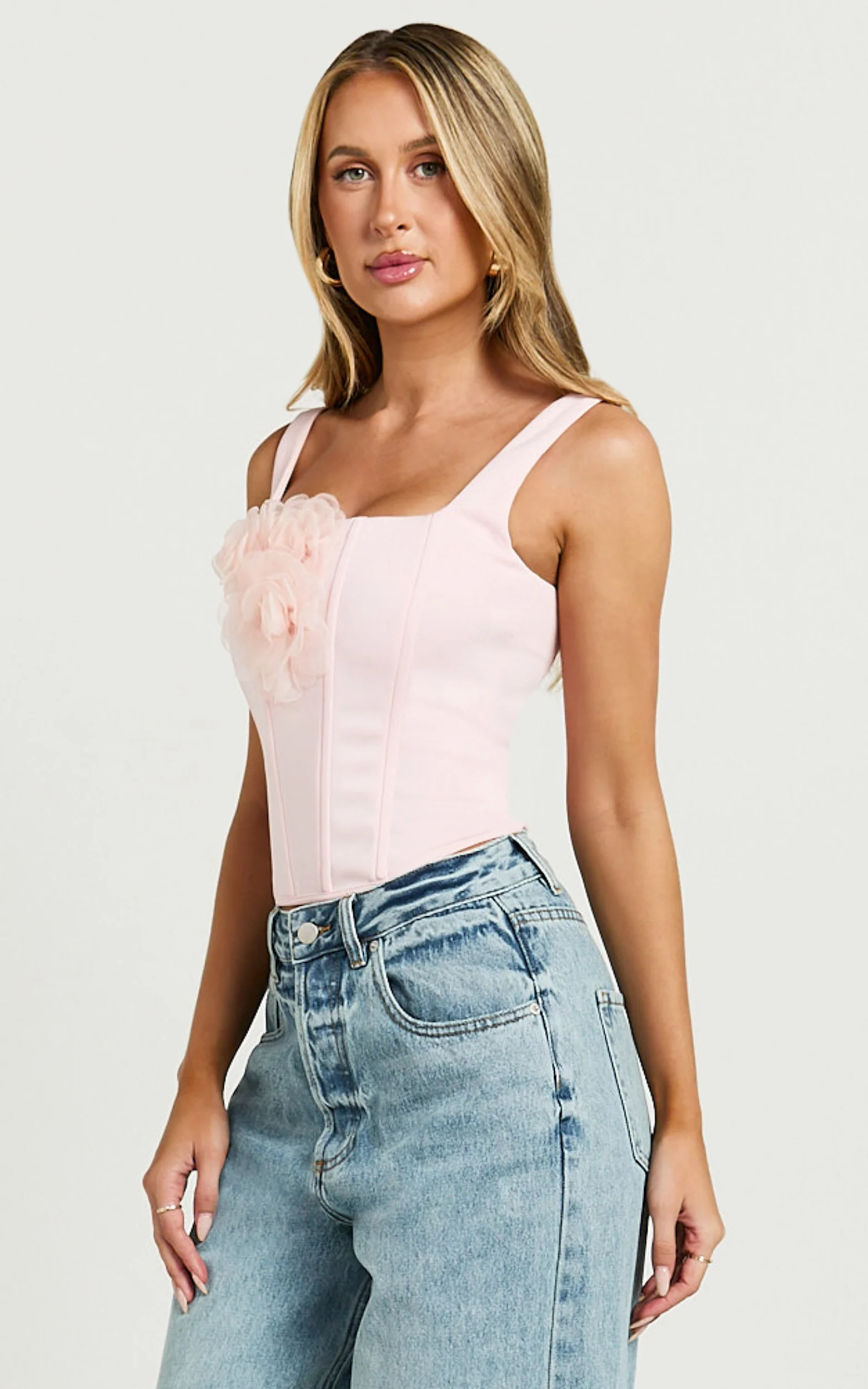 Grettel Top - Rosette Detail Panelled Corset Top in Pale Pink - Image 6