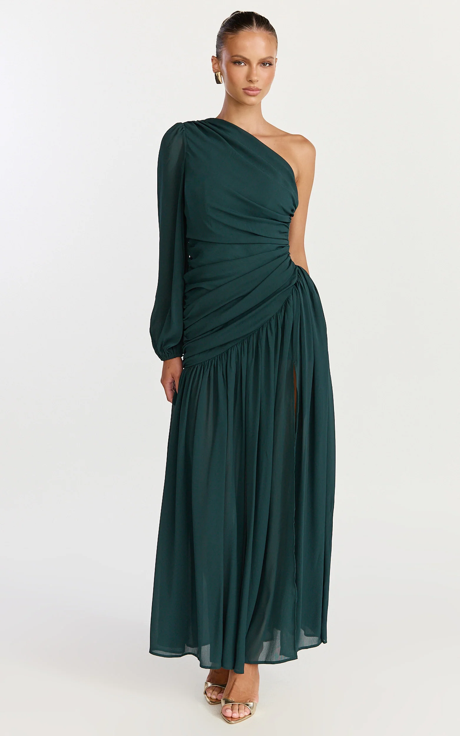 Grittah Maxi Dress - One Shoulder Bishop Sleeve High Split Ruched Dress in Emerald - Image 5