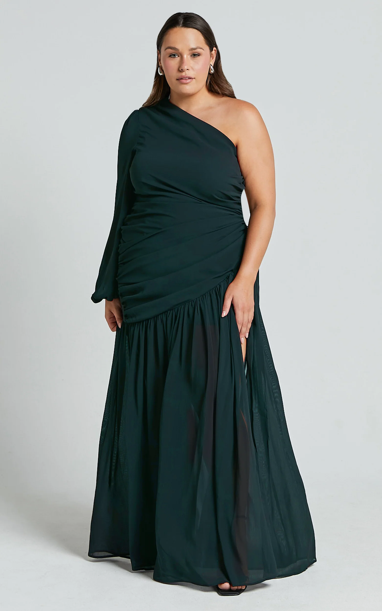 Grittah Maxi Dress - One Shoulder Bishop Sleeve High Split Ruched Dress in Emerald - Image 6
