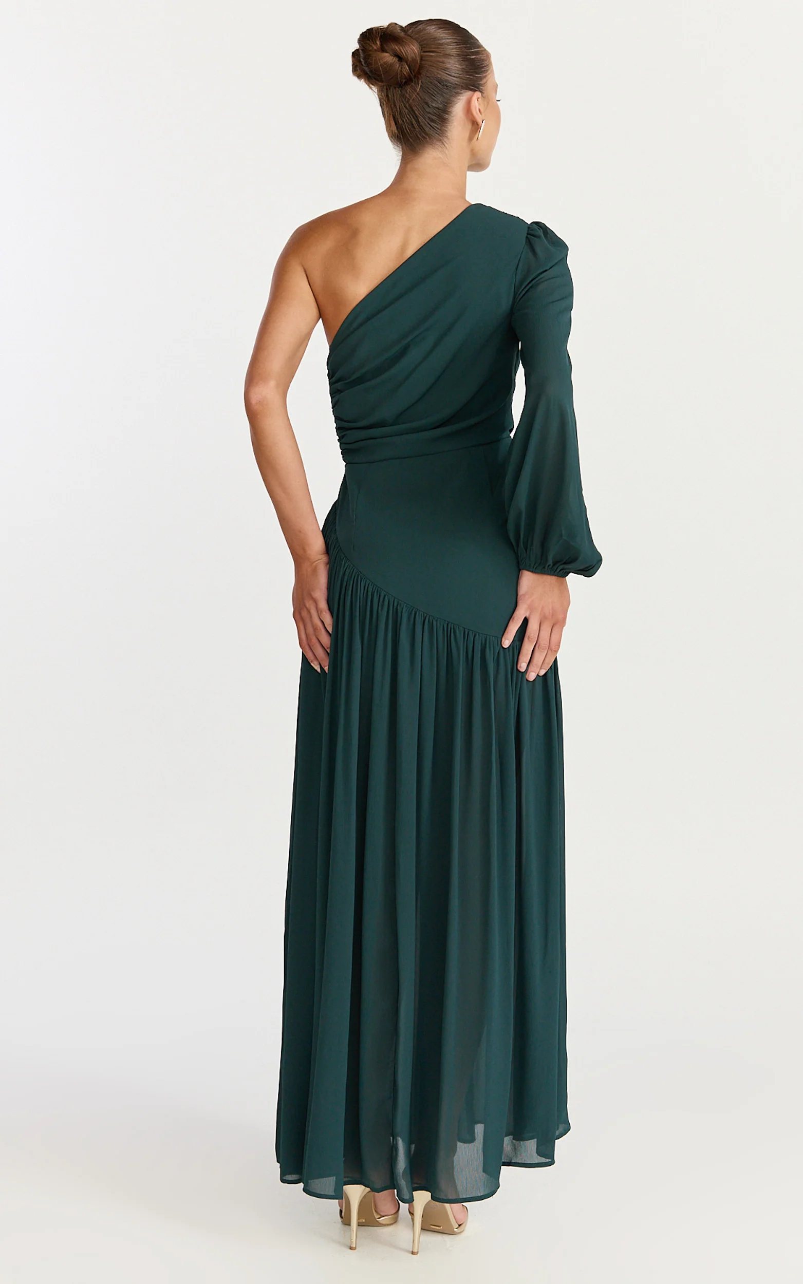 Grittah Maxi Dress - One Shoulder Bishop Sleeve High Split Ruched Dress in Emerald - Image 8