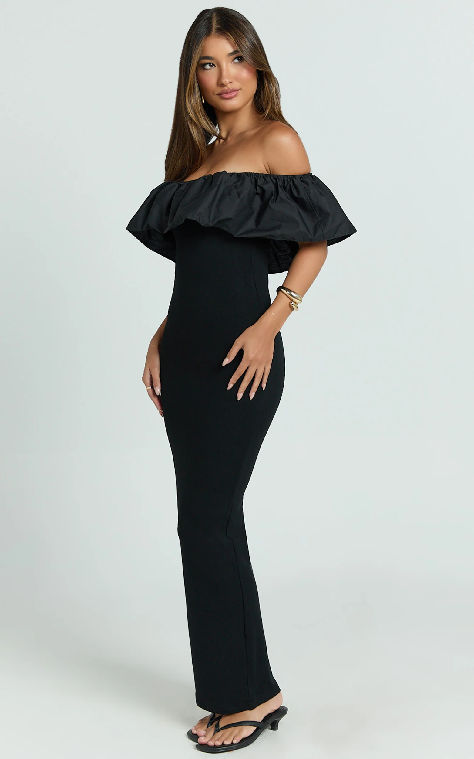 Carol Maxi Dress - Off Shoulder Frill Neckline Dress in Black - Image 2