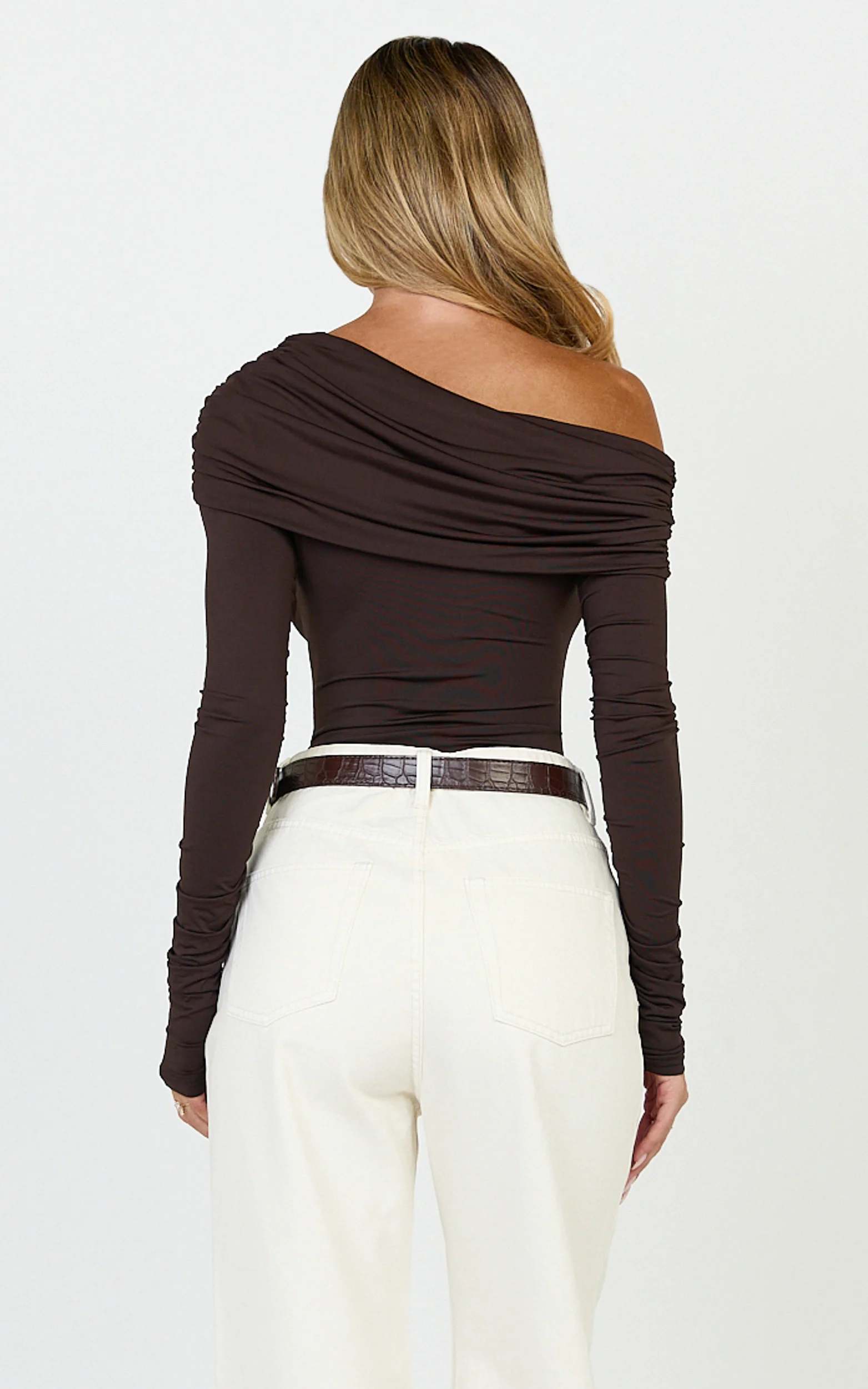 Hallie Bodysuit - One Shoulder Draped Long Sleeve Bodysuit in Chocolate - Image 5