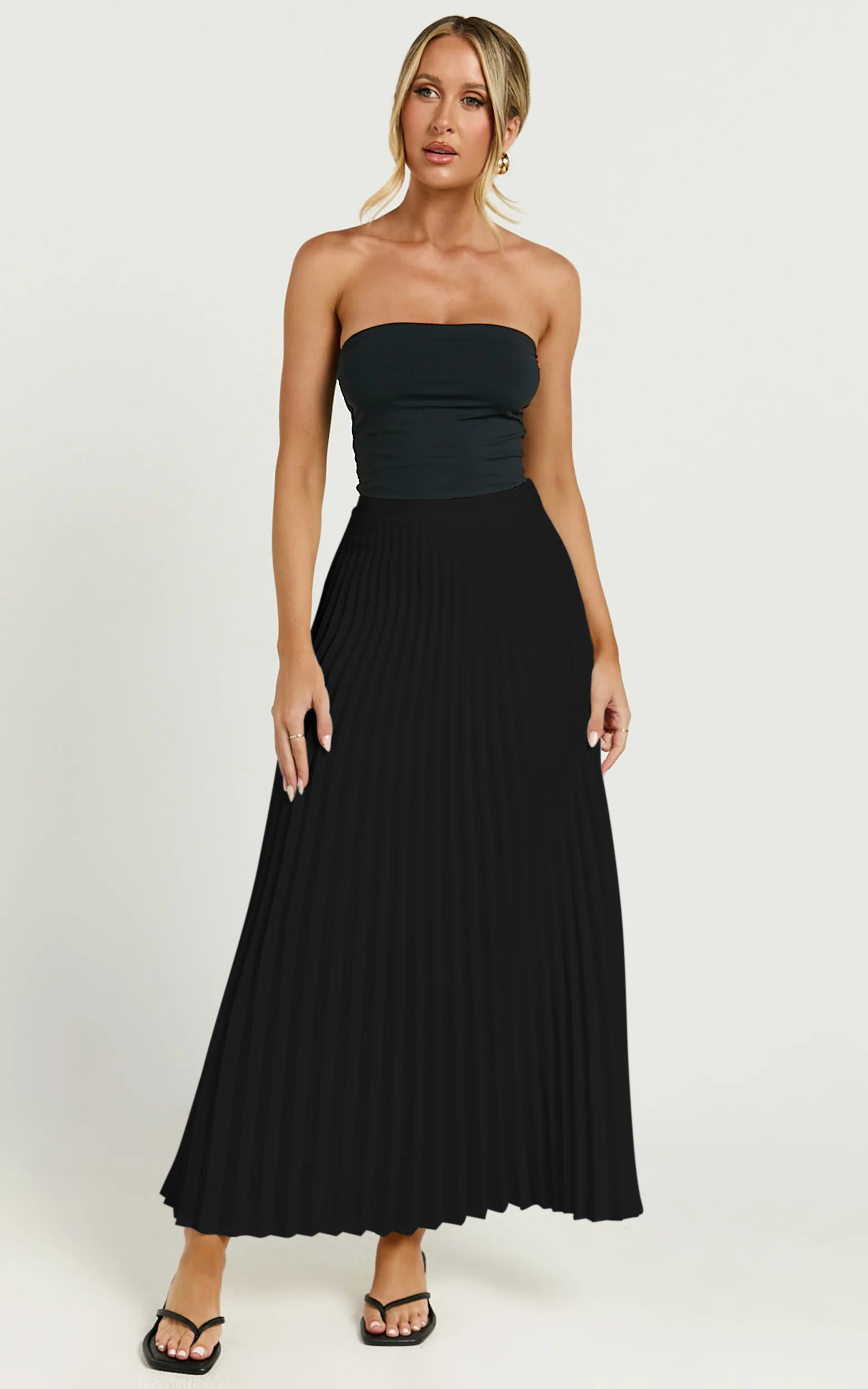 Harlee Midi Skirt - Pleated High Waist A Line Skirt in Black - Image 4