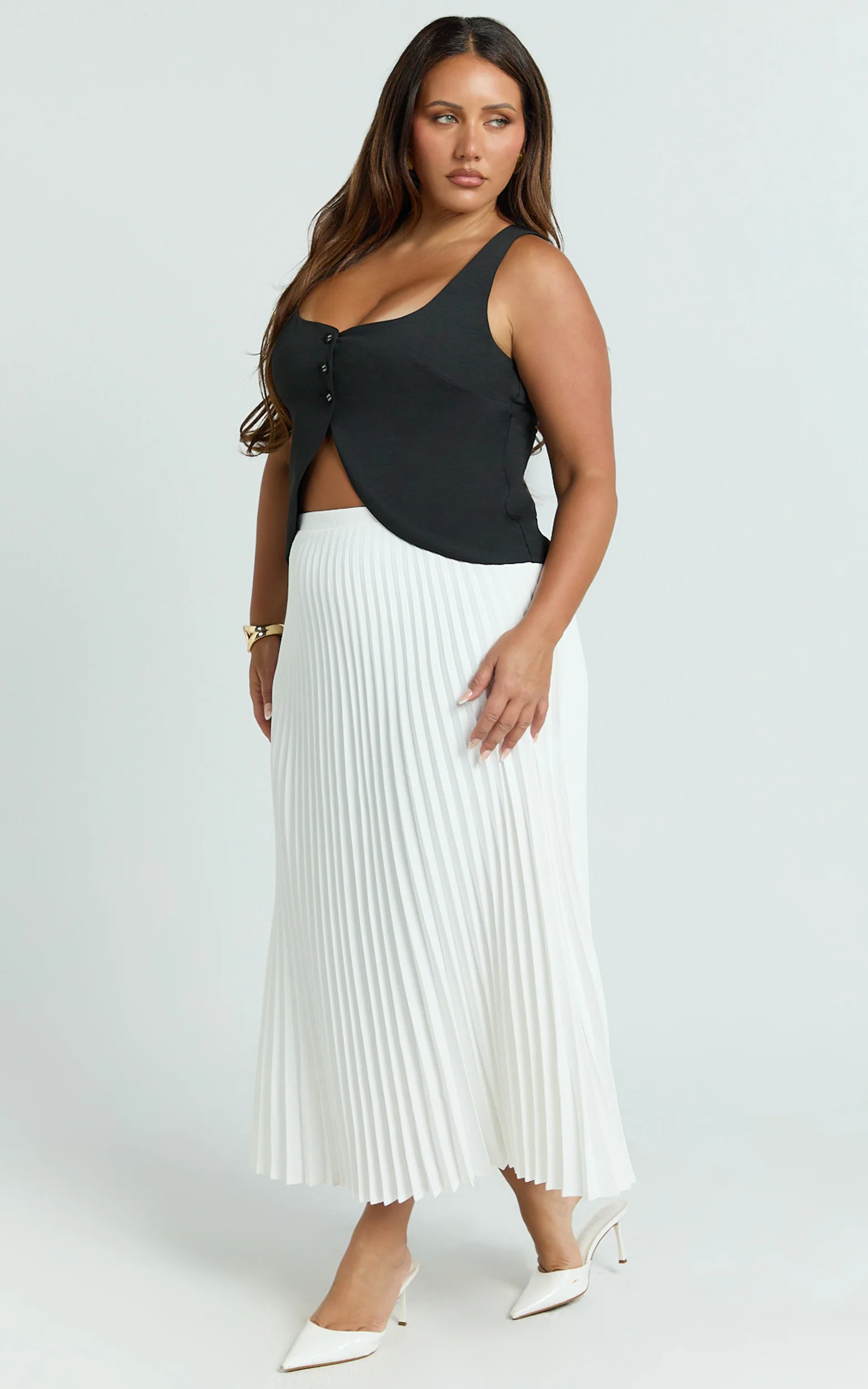 Harlee Midi Skirt - Pleated High Waist A Line Skirt in White - Image 6