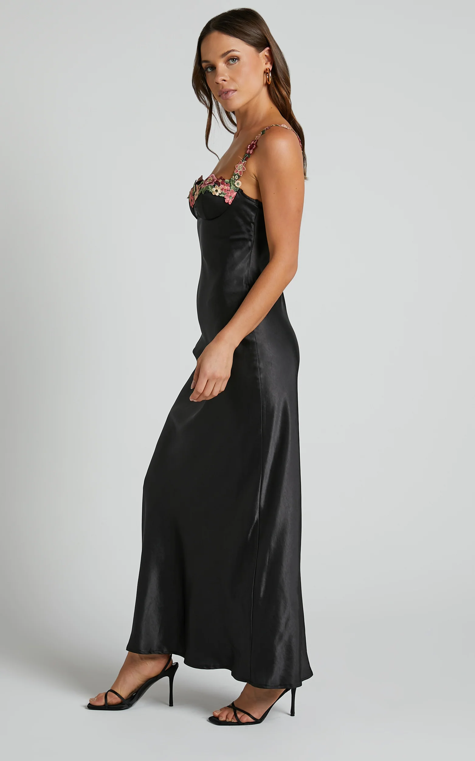 Harmony Maxi Dress - Floral Detail Cup Bust Satin Dress in Black - Image 3