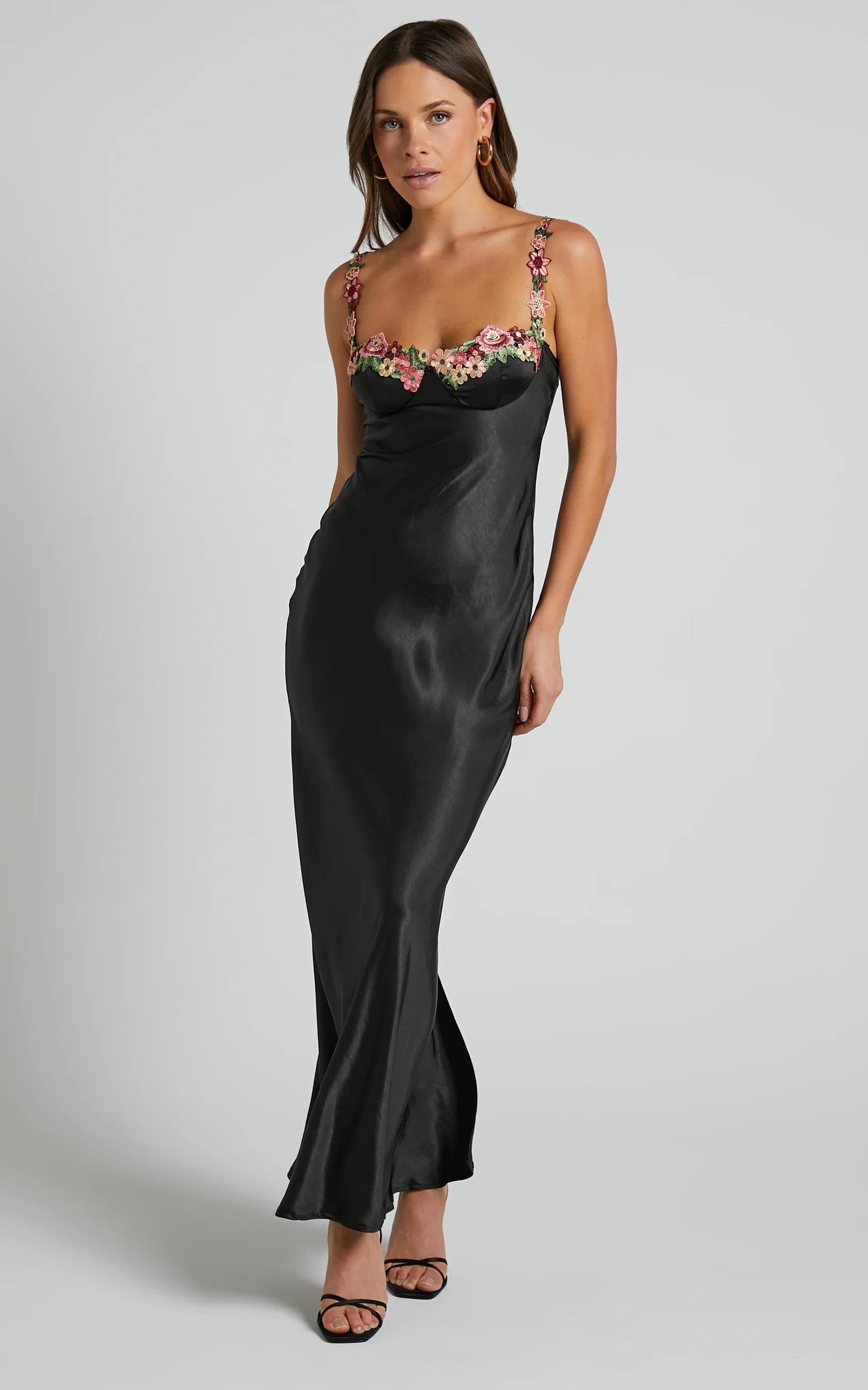Harmony Maxi Dress - Floral Detail Cup Bust Satin Dress in Black - Image 4
