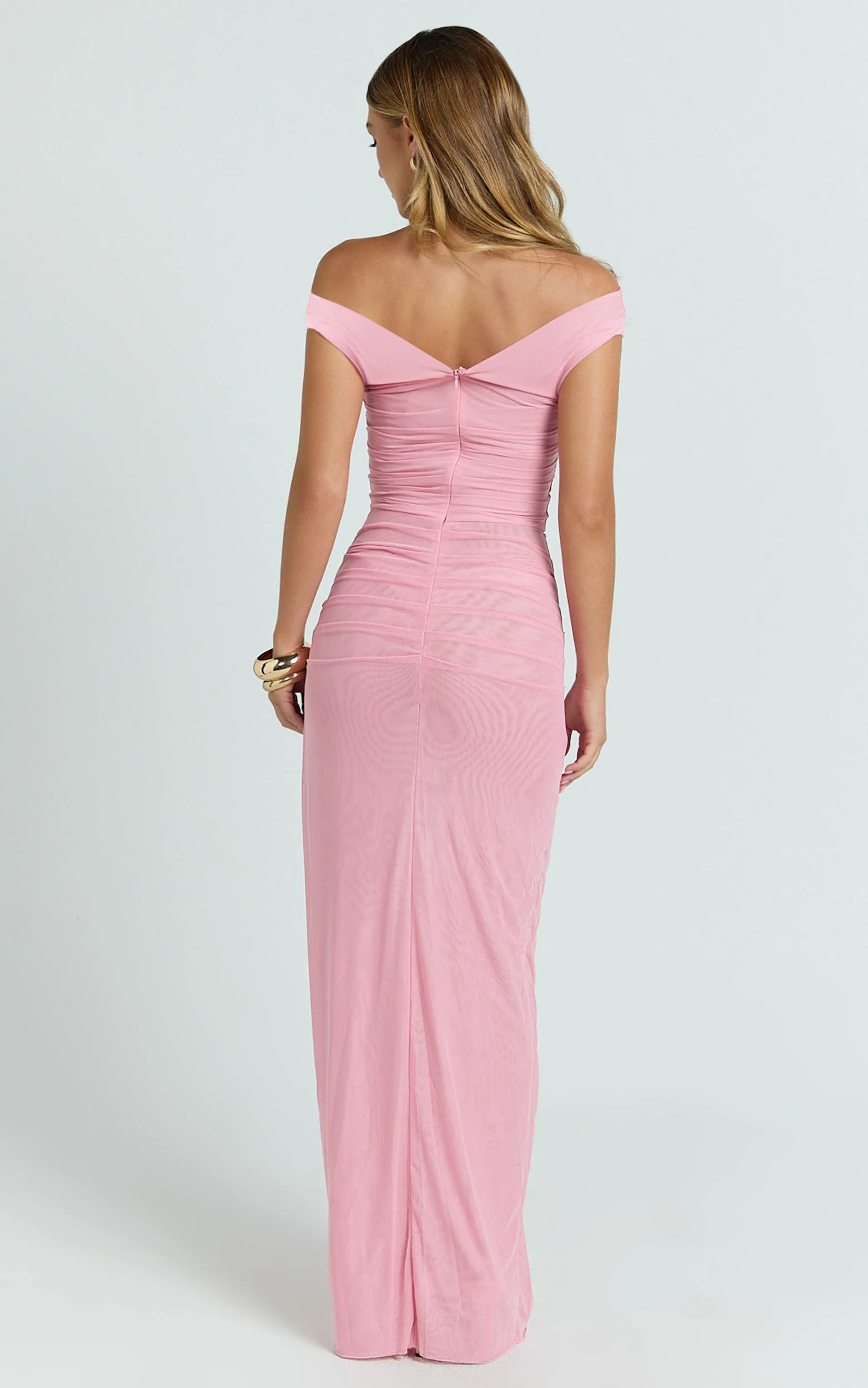 Harrison Maxi Dress - Off Shoulder Ruche Wide Waistband Long Skirt Mesh Dress in Pink - Image 6