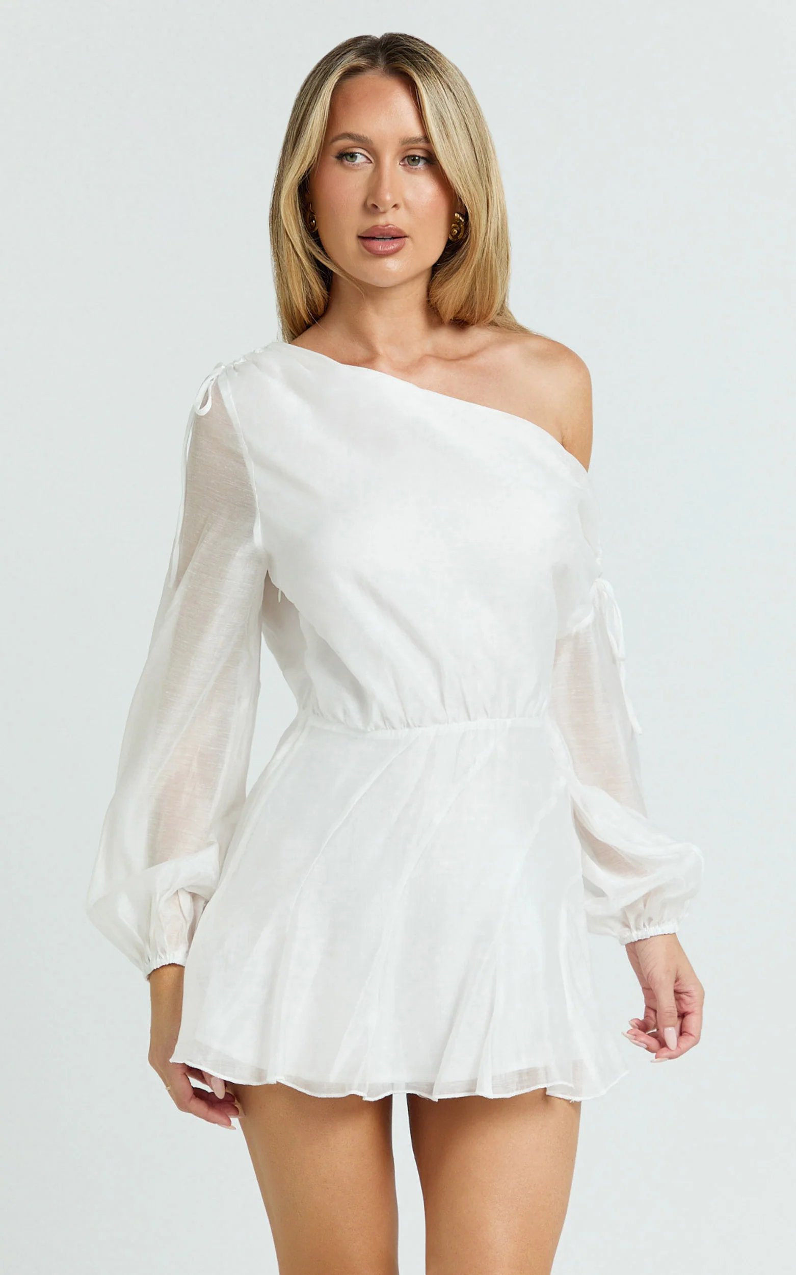 Hayes Mini Dress - Off Shoulder Bellow Top Flip Skirt Dress in White - Image 3