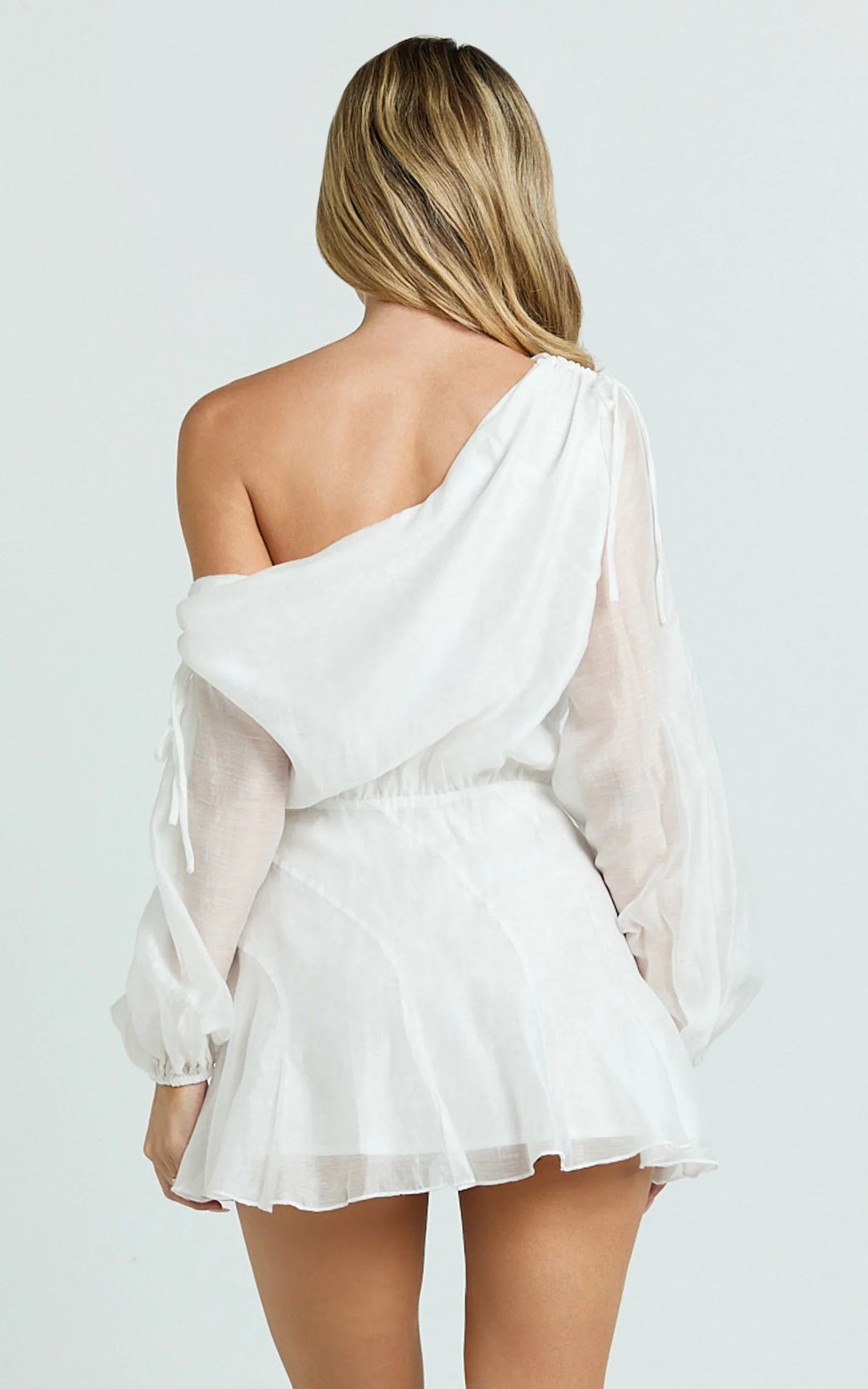 Hayes Mini Dress - Off Shoulder Bellow Top Flip Skirt Dress in White - Image 5