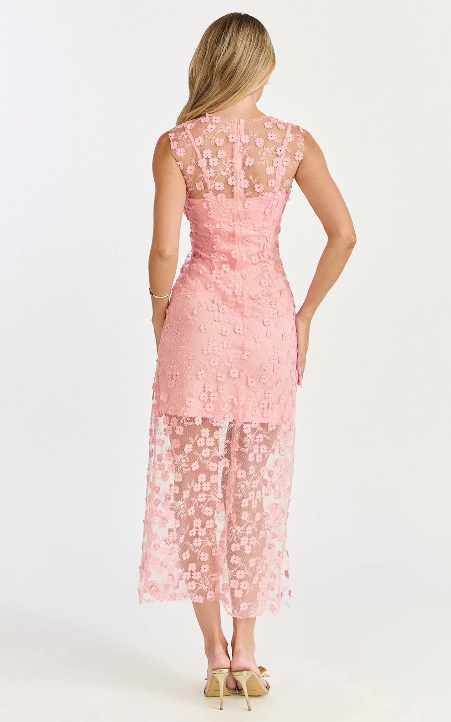 Hazel Midi Dress - 3D Flower Net Bodycon Dress in Pink - Image 5