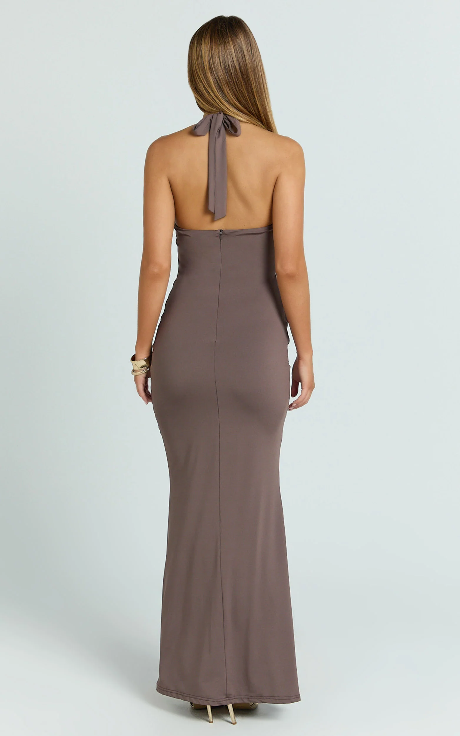 Heath Maxi Dress - Scoop Halter Neck With Drape Front Skirt Back Split Dress in Brown - Image 6